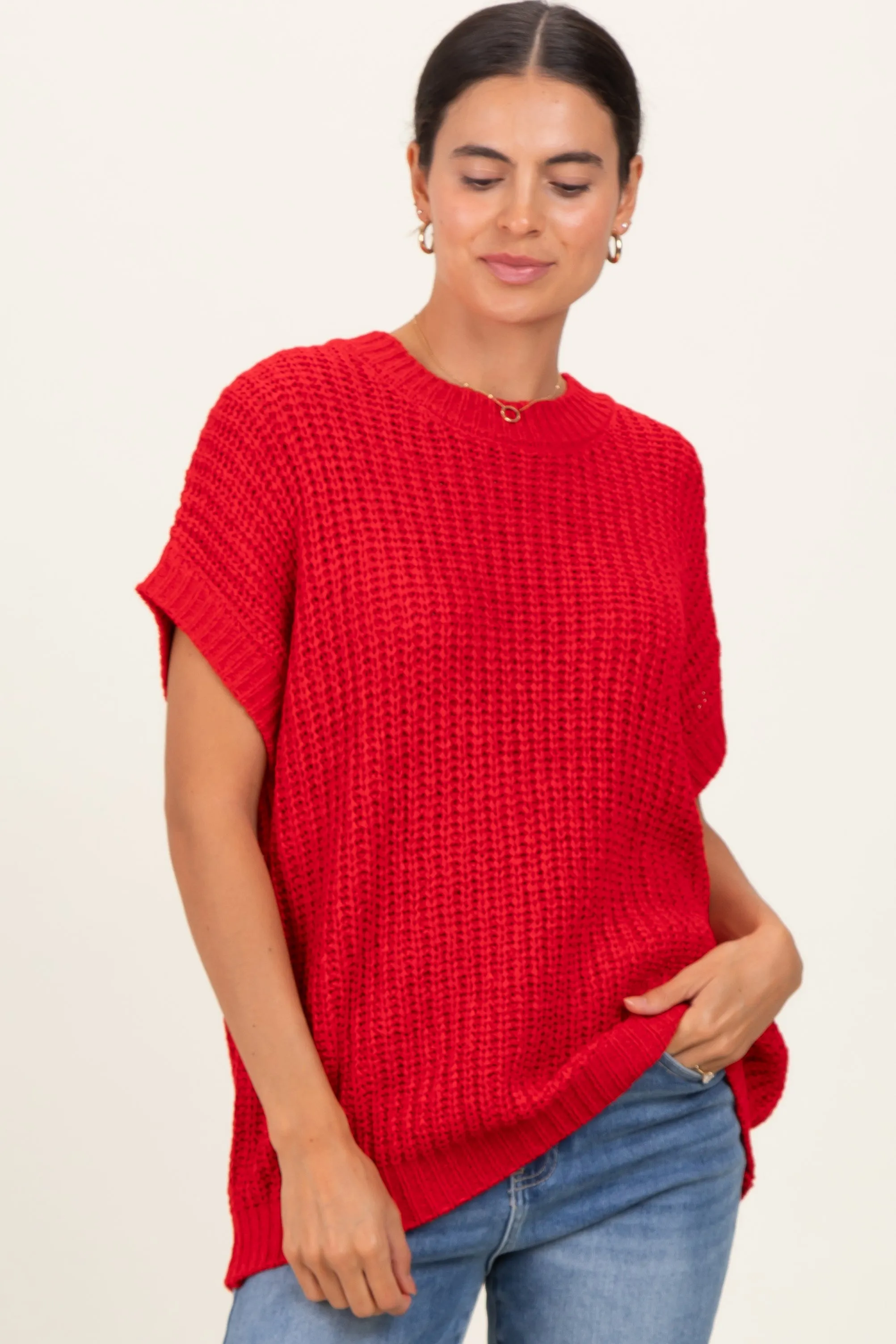 Red Short Sleeve Round Neck Sweater sold by Pinkblush