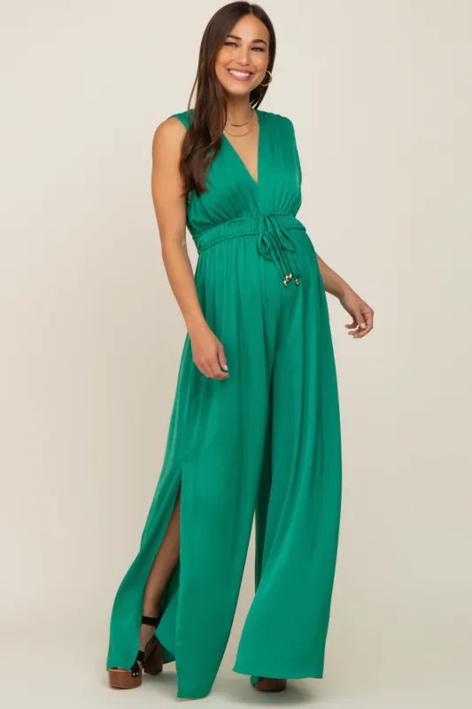 Green Satin V-Neck Side Slit Maternity Jumpsuit sold by Pinkblush
