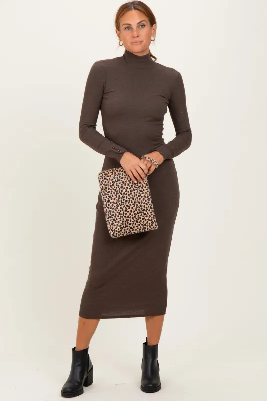 Brown Turtle Neck Long Sleeve Rib Fitted Midi Dress sold by Pinkblush
