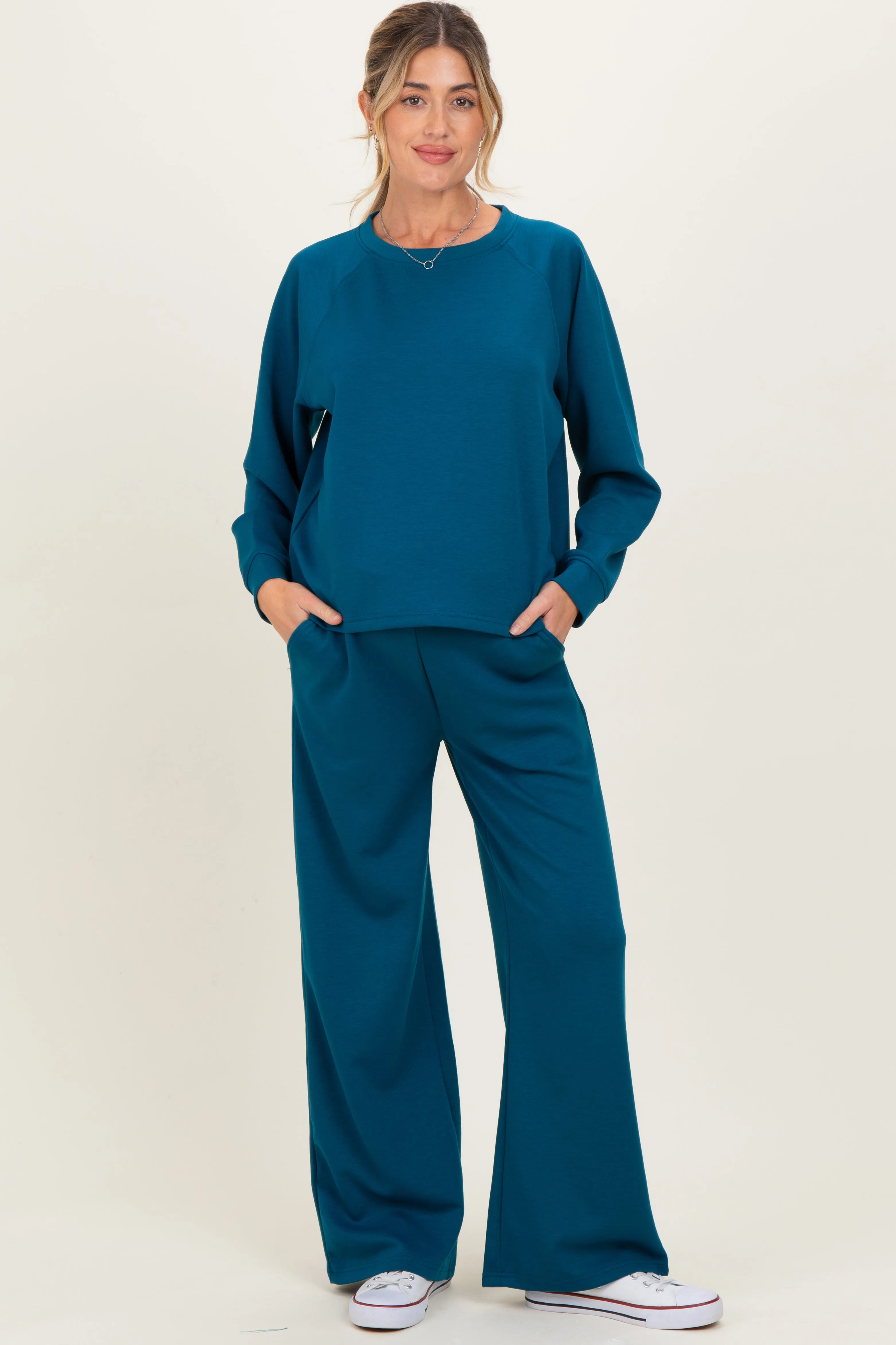 Deep Teal Crewneck Pullover Pant Maternity Set sold by Pinkblush