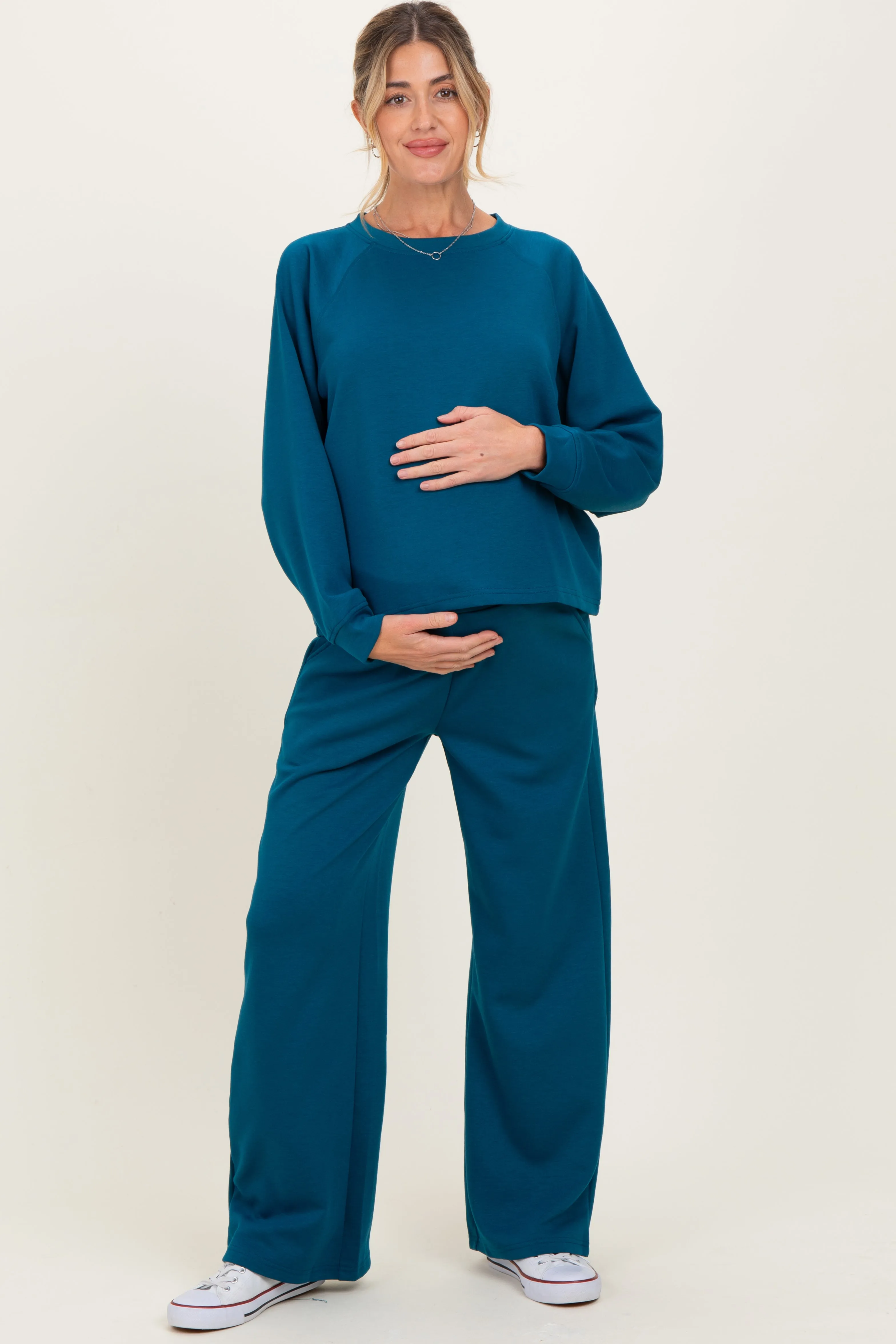 Deep Teal Crewneck Pullover Pant Maternity Set sold by Pinkblush product image thumbnail 2