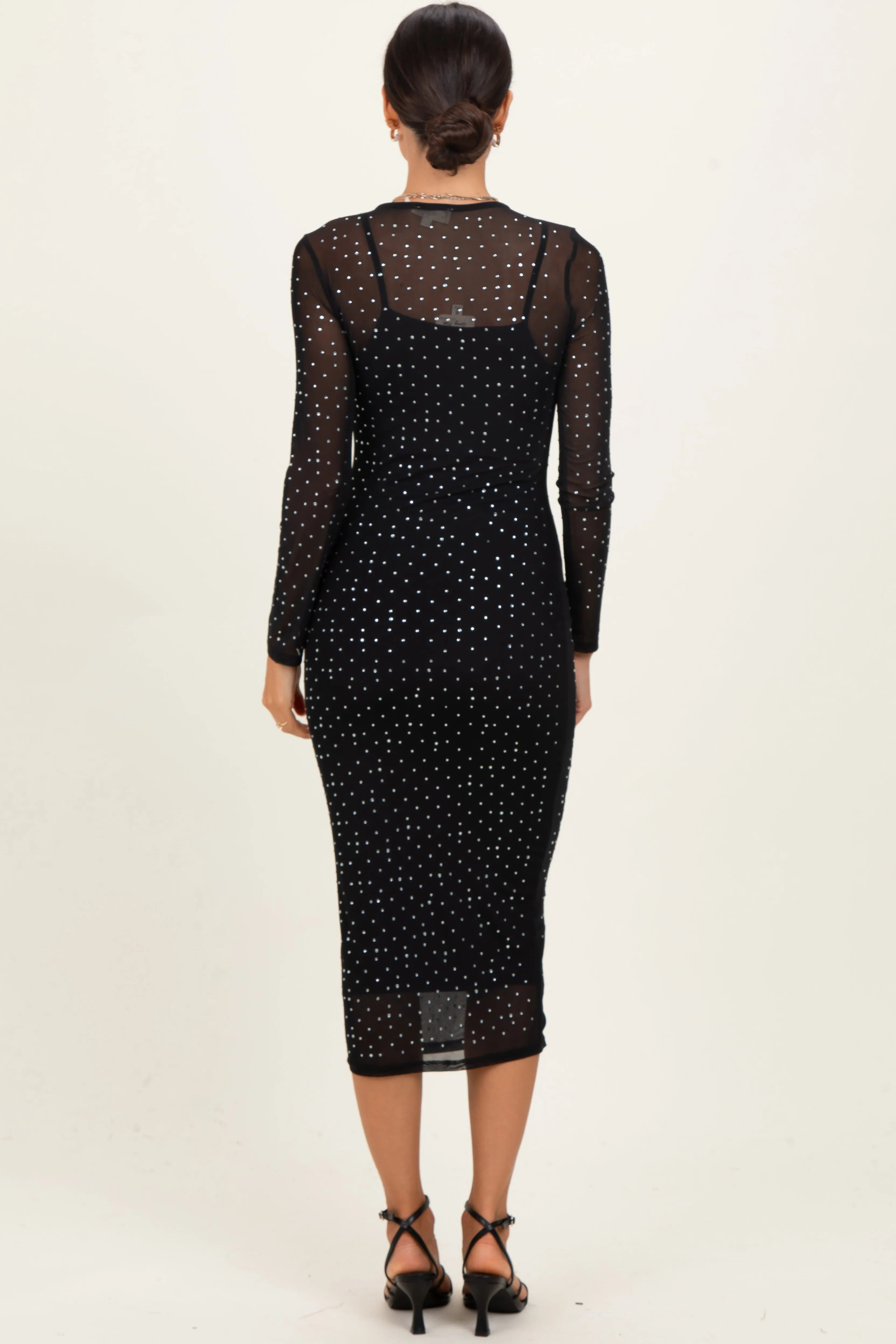 Black Rhinestone Mesh Long Sleeve Midi Dress sold by Pinkblush product image thumbnail 4
