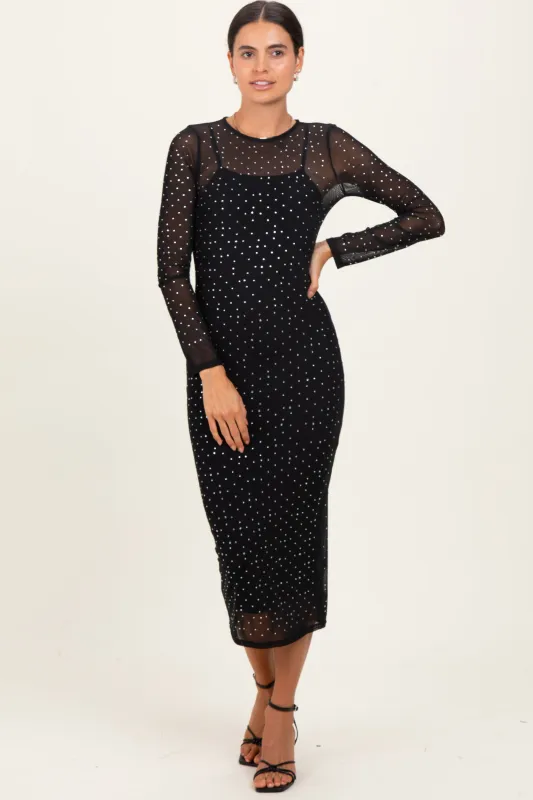 Black Rhinestone Mesh Long Sleeve Midi Dress sold by Pinkblush