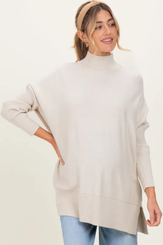 Cream Mock Neck Oversized Sir Slit Maternity Sweater Top sold by Pinkblush