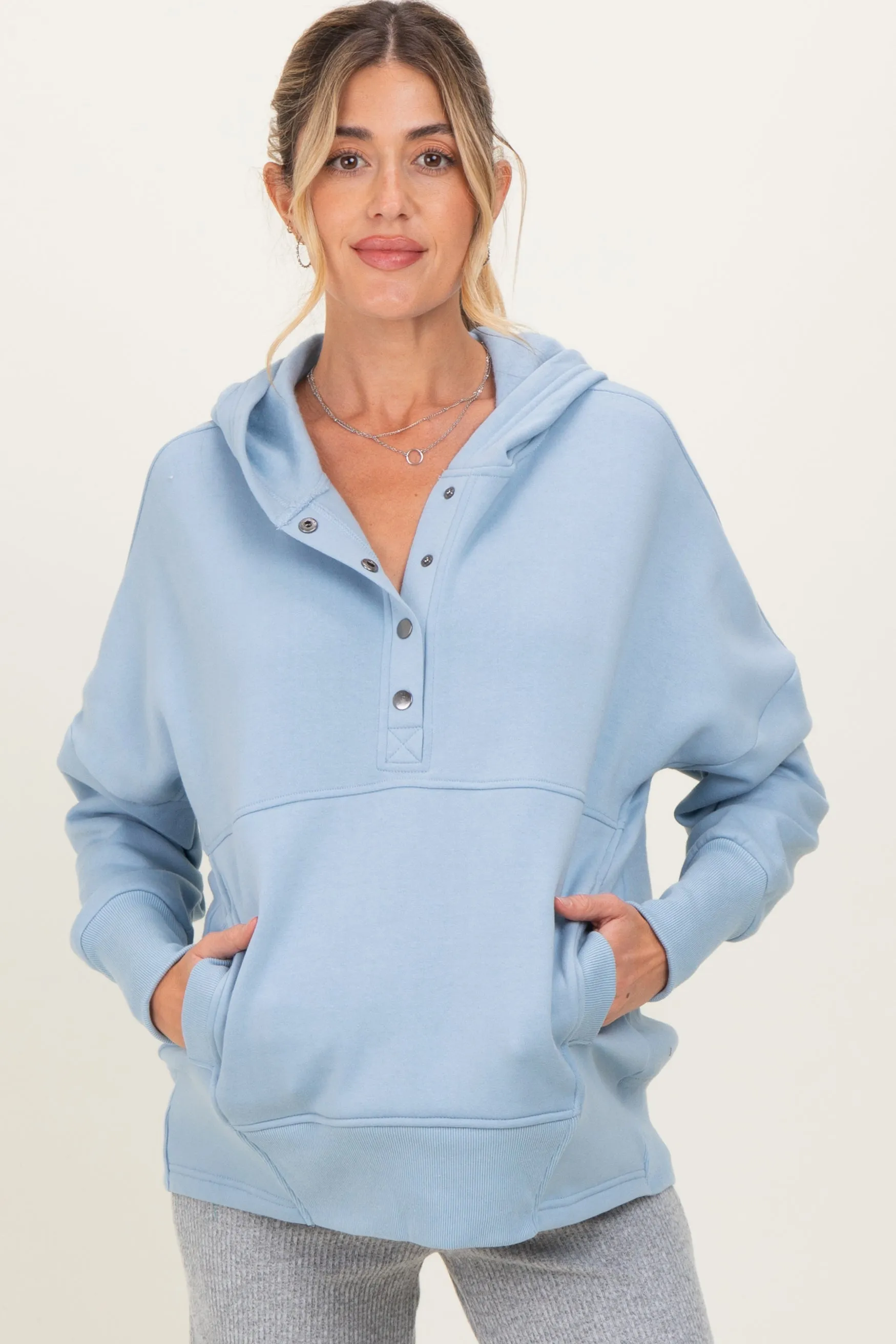 Light Blue Fleece Snap Button Maternity Hoodie sold by Pinkblush