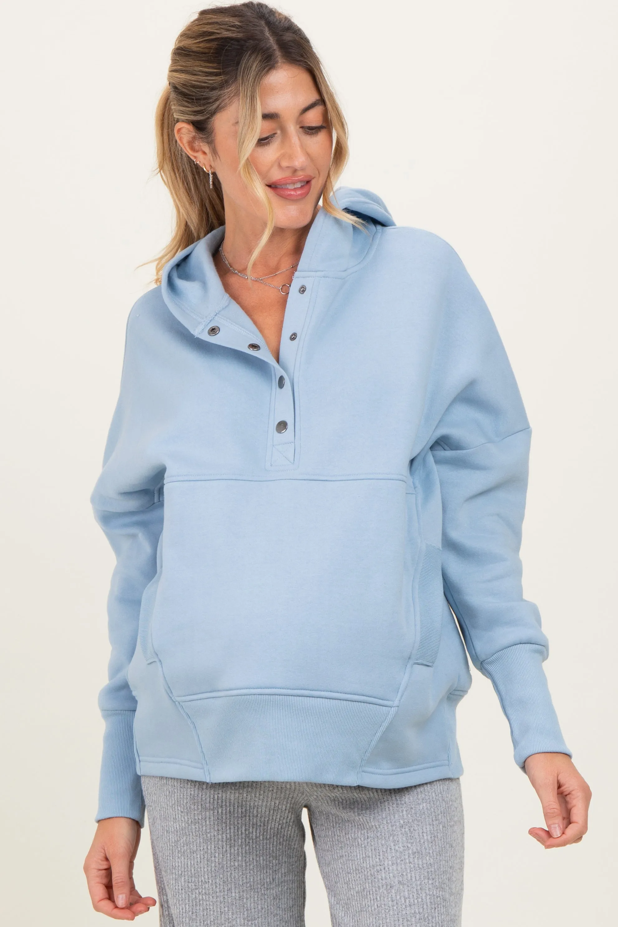 Light Blue Fleece Snap Button Maternity Hoodie sold by Pinkblush product image thumbnail 2