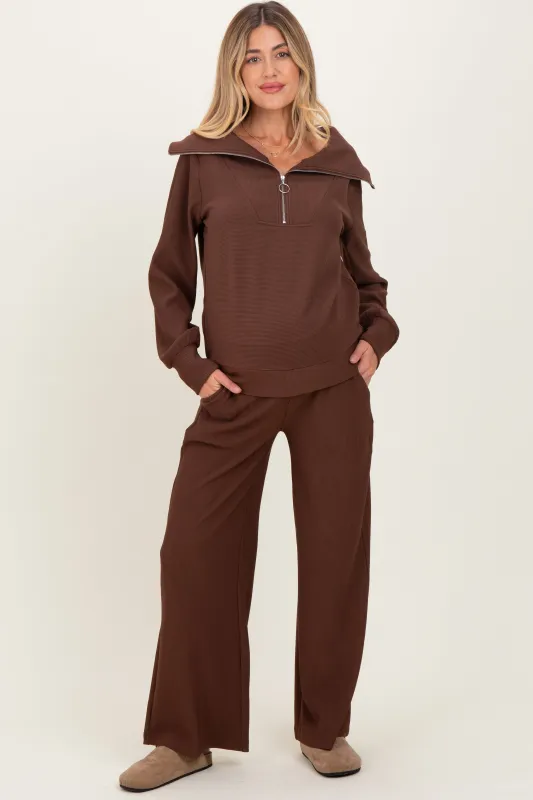 Brown Ribbed Half Zip Pullover Wide Leg Pant Maternity Set sold by Pinkblush