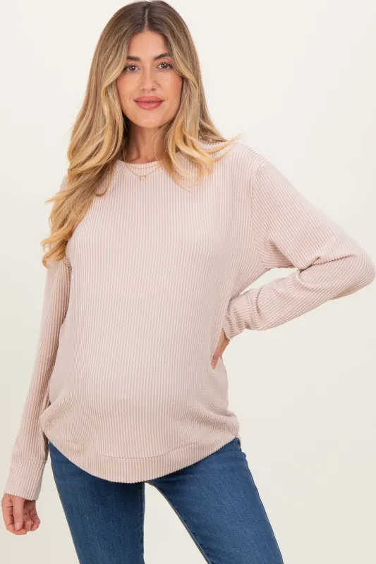 Beige Textured Rib Crew Neck Maternity Long Sleeve sold by Pinkblush