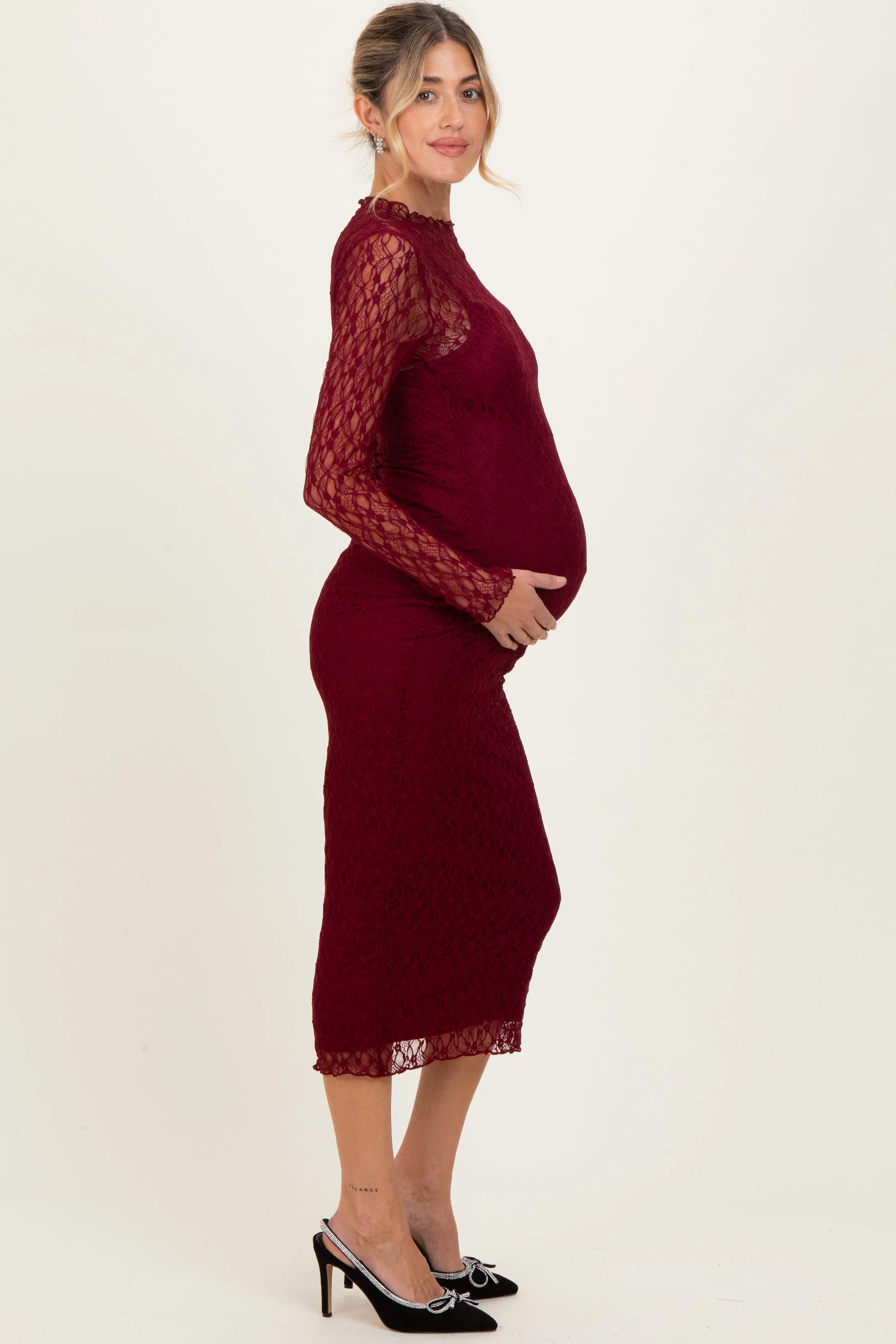 Burgundy Lace Overlay Fitted Maternity Midi Dress sold by Pinkblush product image thumbnail 3