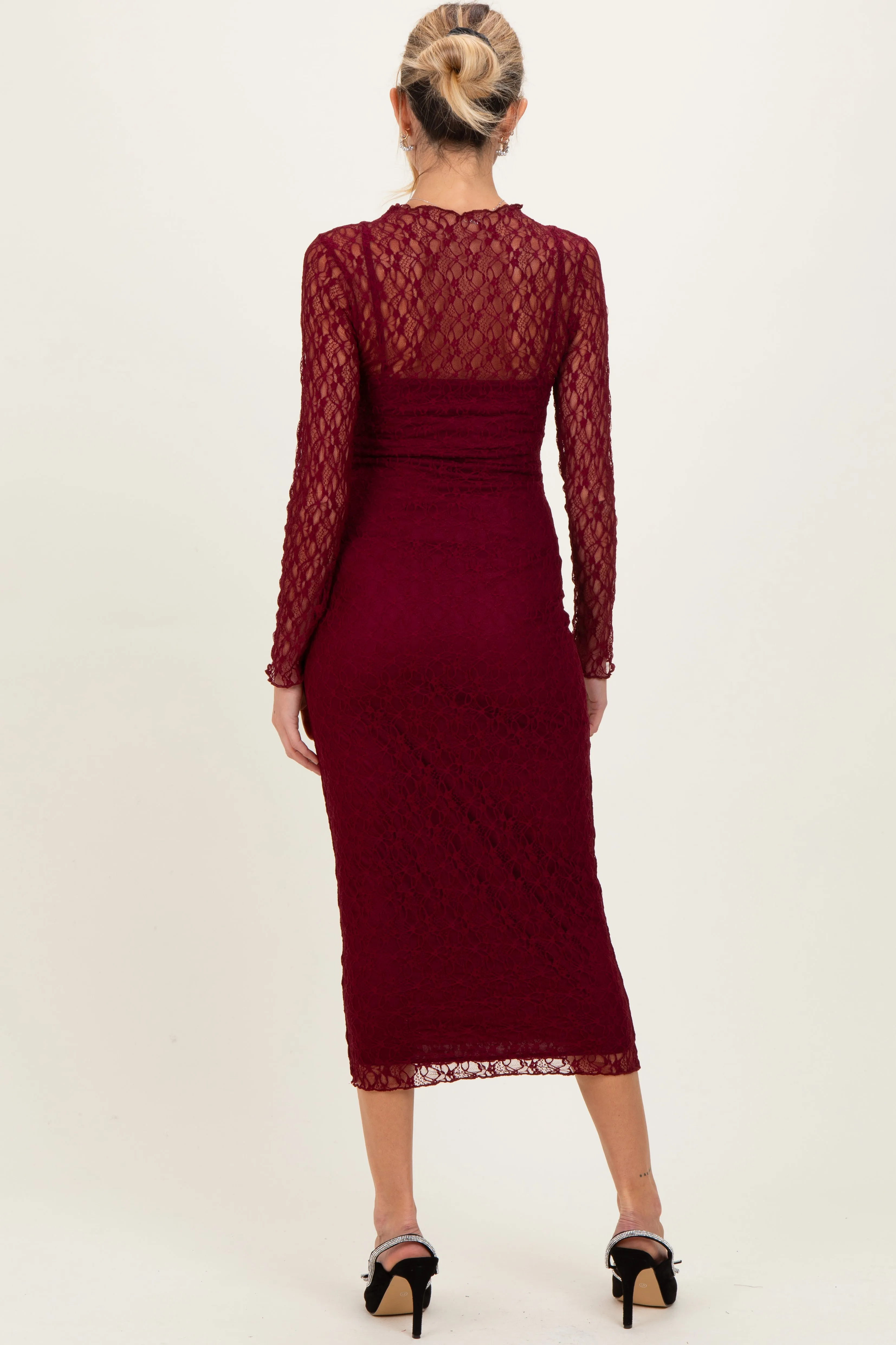 Burgundy Lace Overlay Fitted Maternity Midi Dress sold by Pinkblush product image thumbnail 4