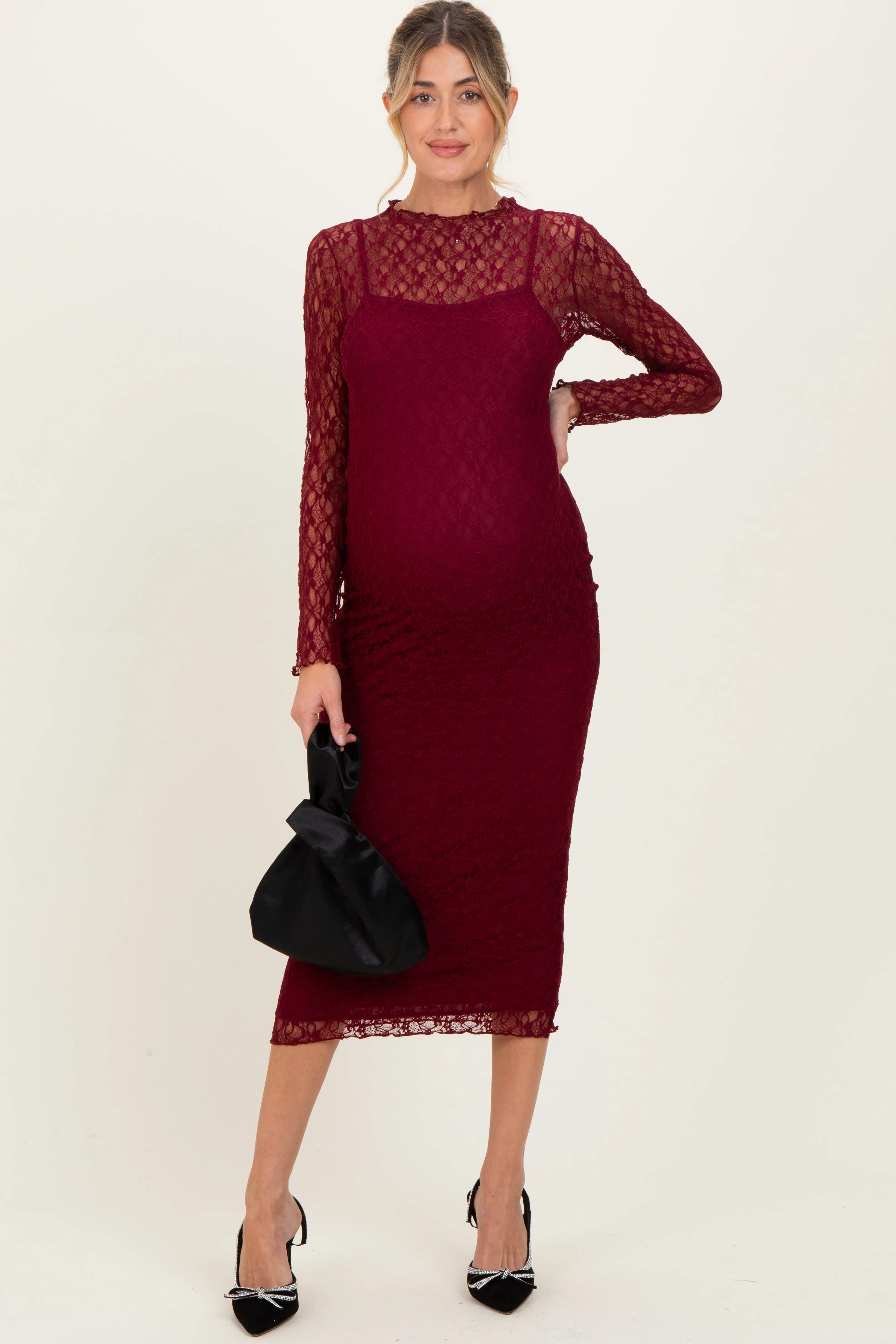 Burgundy Lace Overlay Fitted Maternity Midi Dress sold by Pinkblush