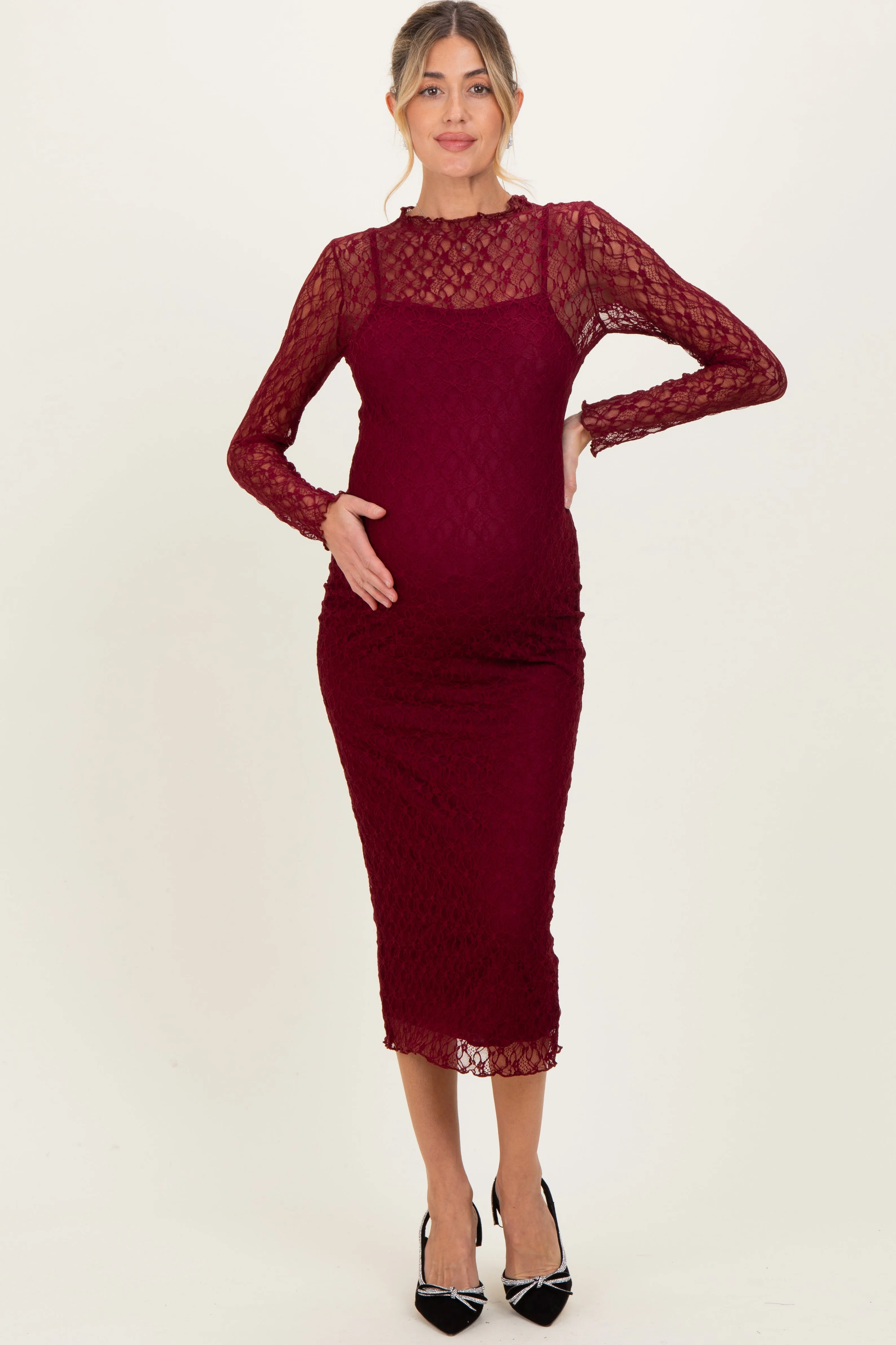 Burgundy Lace Overlay Fitted Maternity Midi Dress sold by Pinkblush product image thumbnail 2