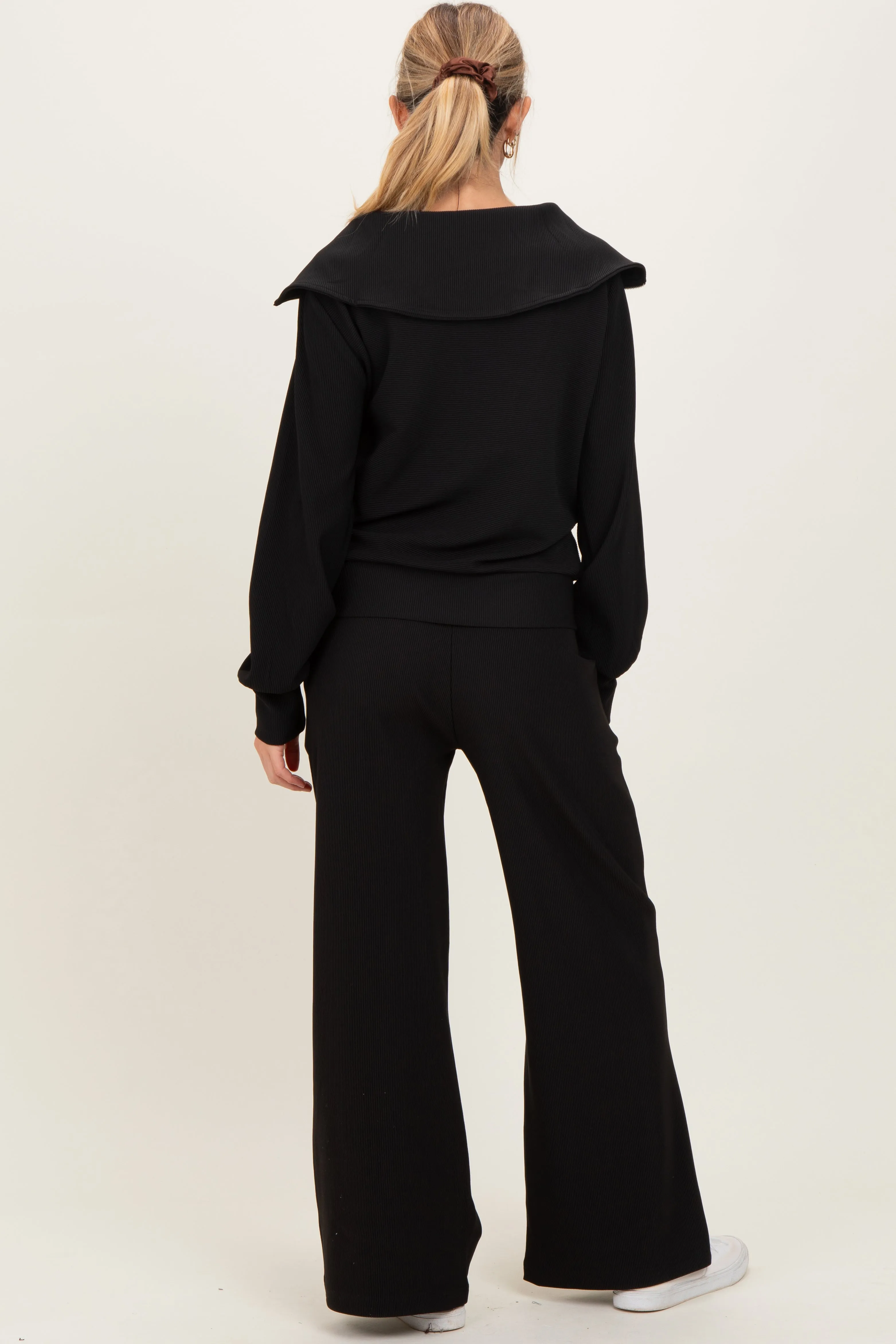 Black Ribbed Half Zip Pullover Wide Leg Pant Maternity Set sold by Pinkblush product image thumbnail 4