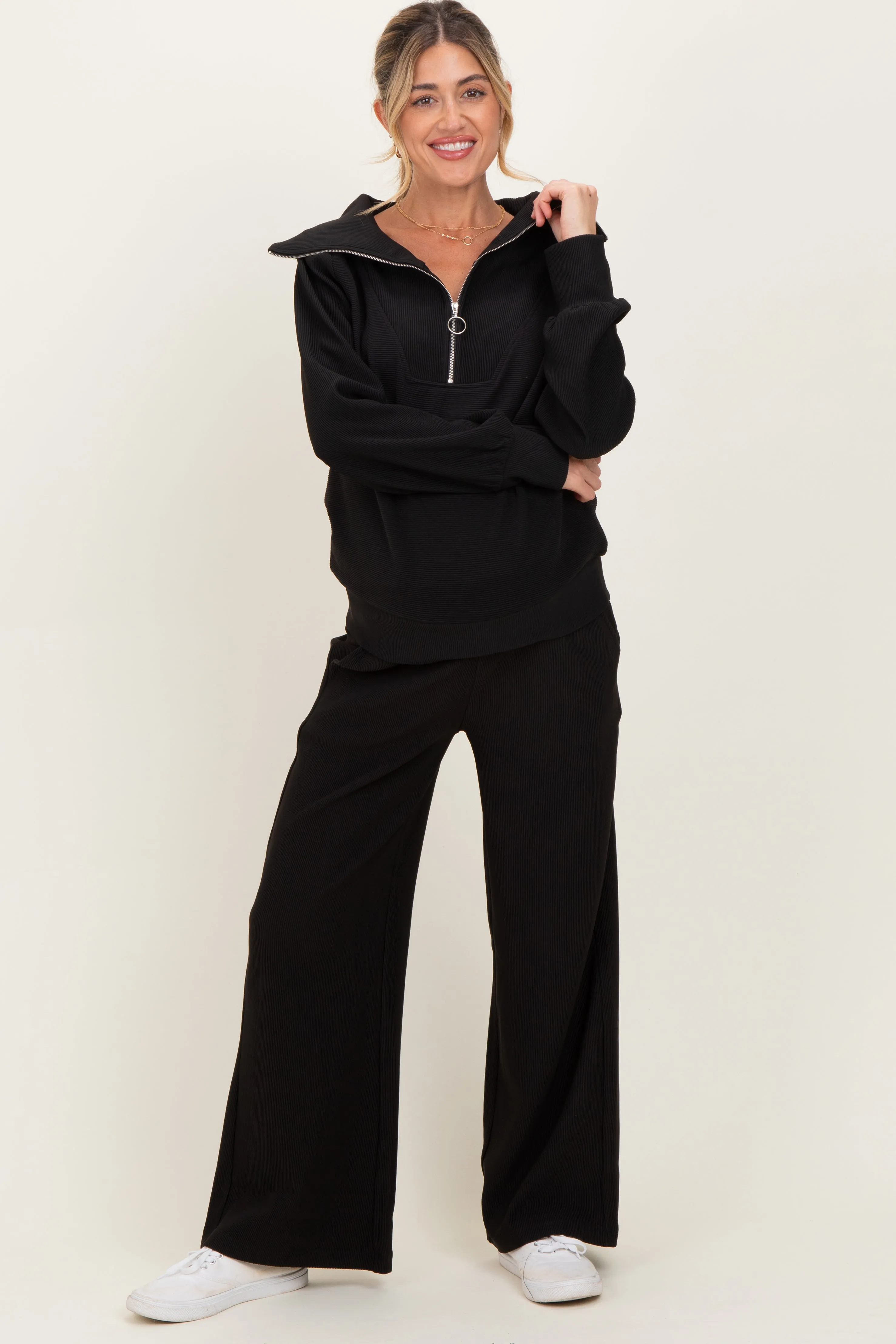 Black Ribbed Half Zip Pullover Wide Leg Pant Maternity Set sold by Pinkblush product image thumbnail 2
