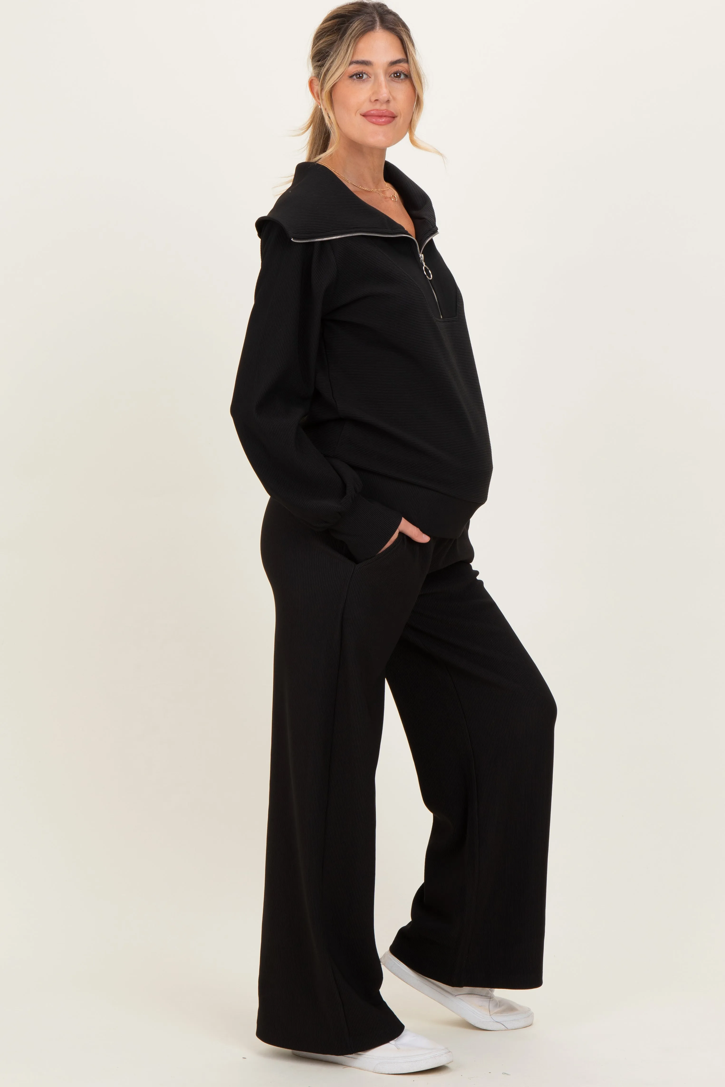 Black Ribbed Half Zip Pullover Wide Leg Pant Maternity Set sold by Pinkblush product image thumbnail 3