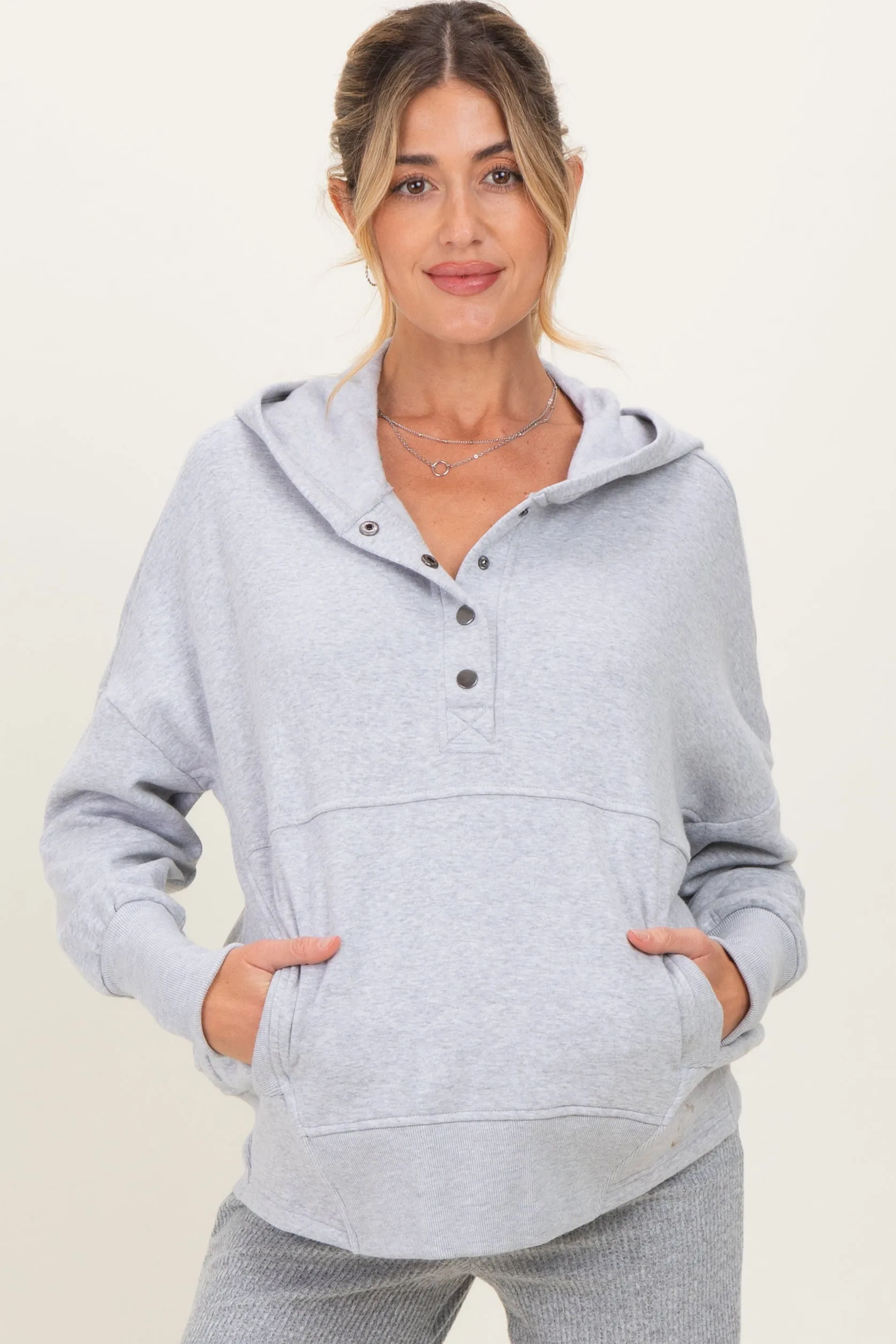 Heather Grey Fleece Snap Button Maternity Hoodie sold by Pinkblush