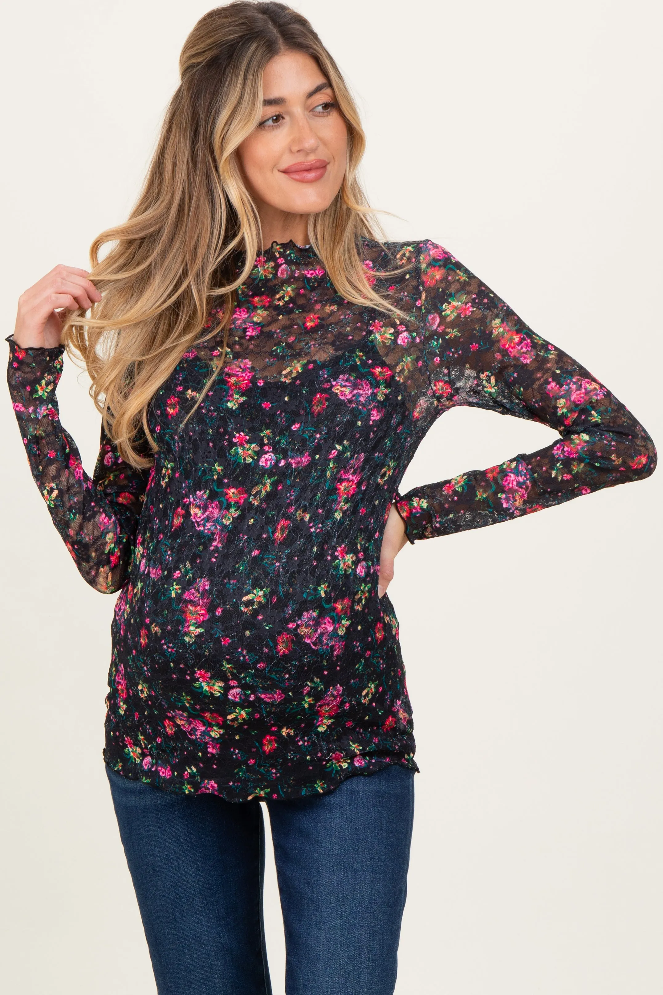 Black Floral Lace Long Sleeve Maternity Top sold by Pinkblush product image thumbnail 2