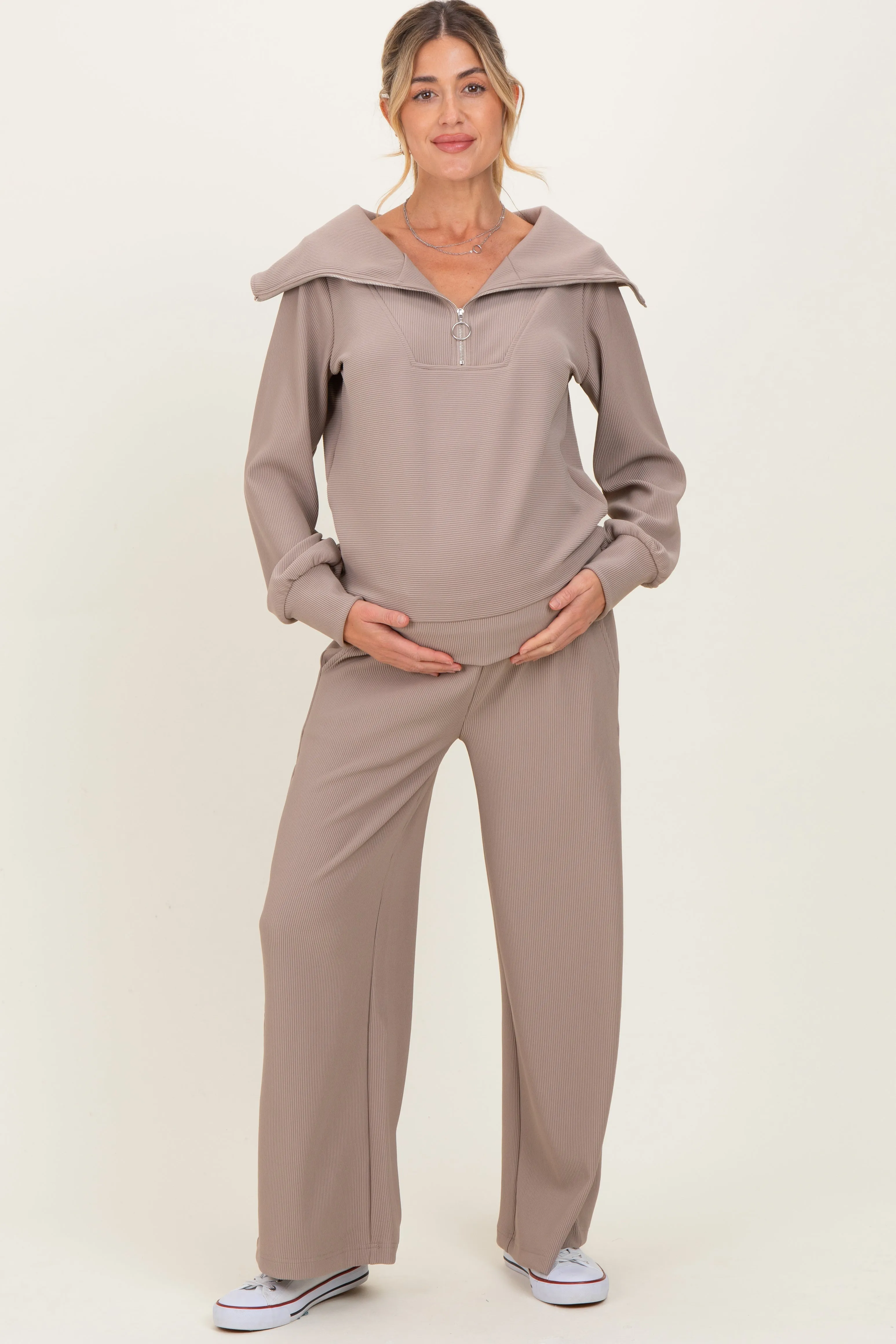 Mocha Ribbed Half Zip Pullover Wide Leg Pant Maternity Set sold by Pinkblush product image thumbnail 2