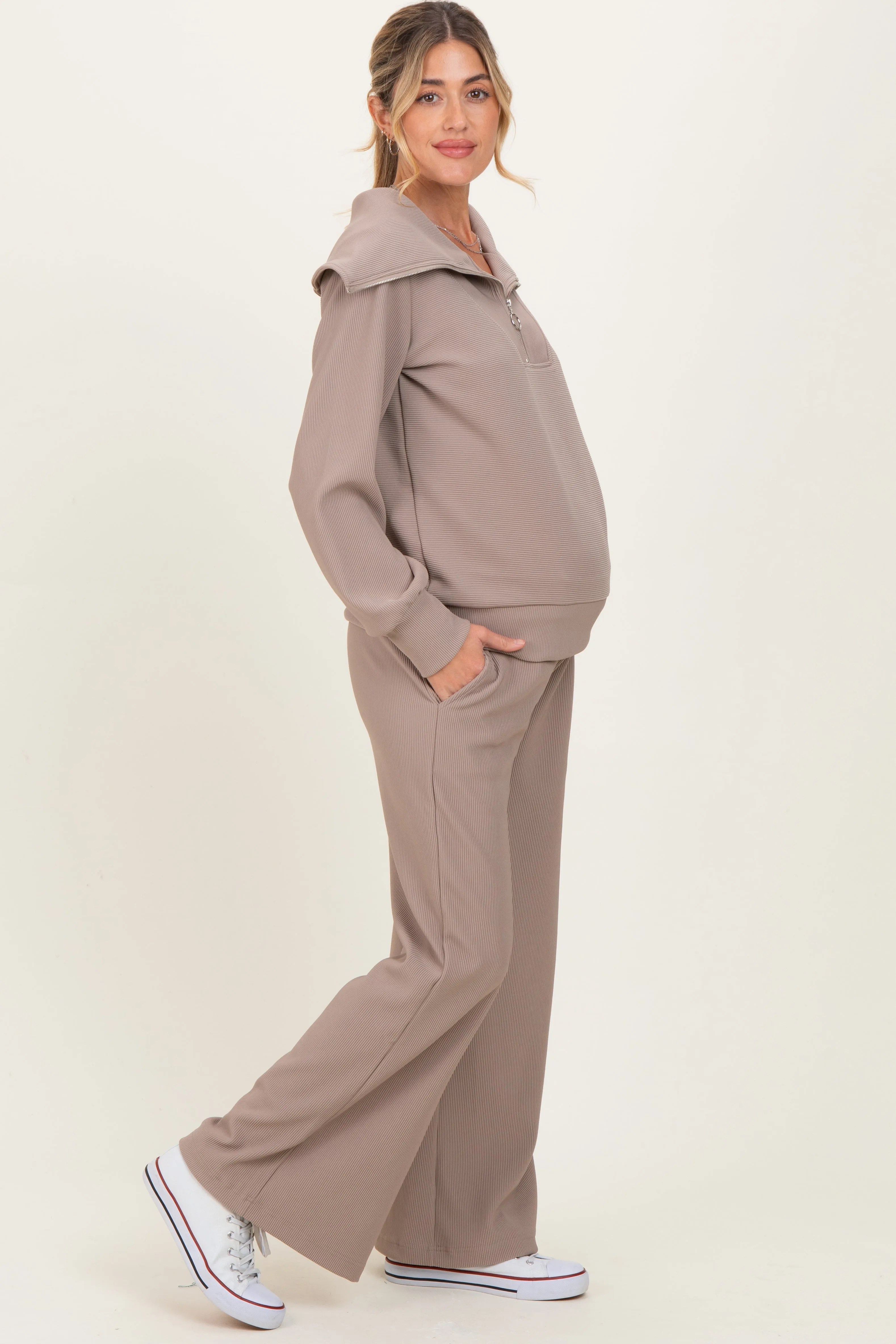 Mocha Ribbed Half Zip Pullover Wide Leg Pant Maternity Set sold by Pinkblush product image thumbnail 3
