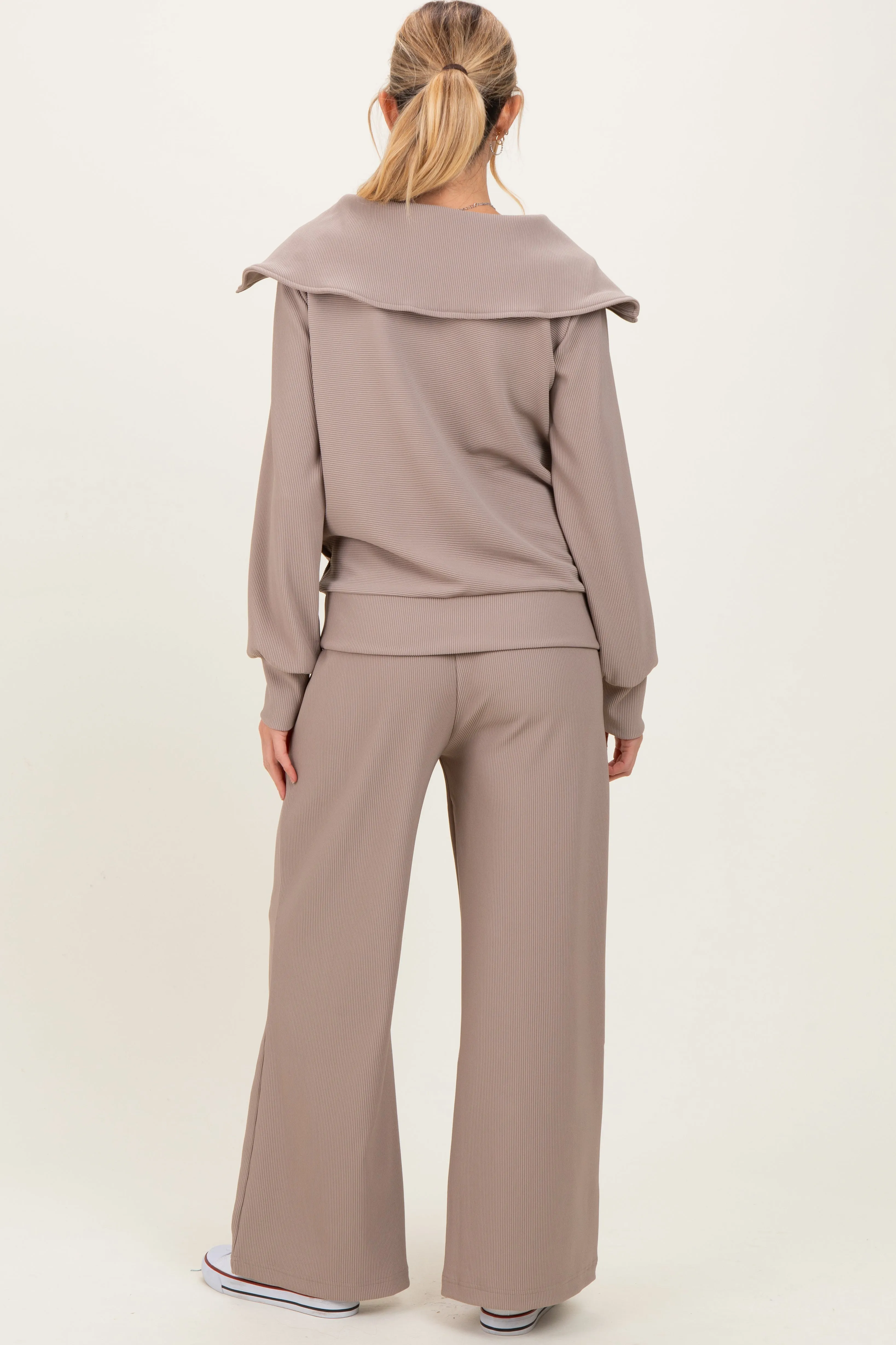 Mocha Ribbed Half Zip Pullover Wide Leg Pant Maternity Set sold by Pinkblush product image thumbnail 4