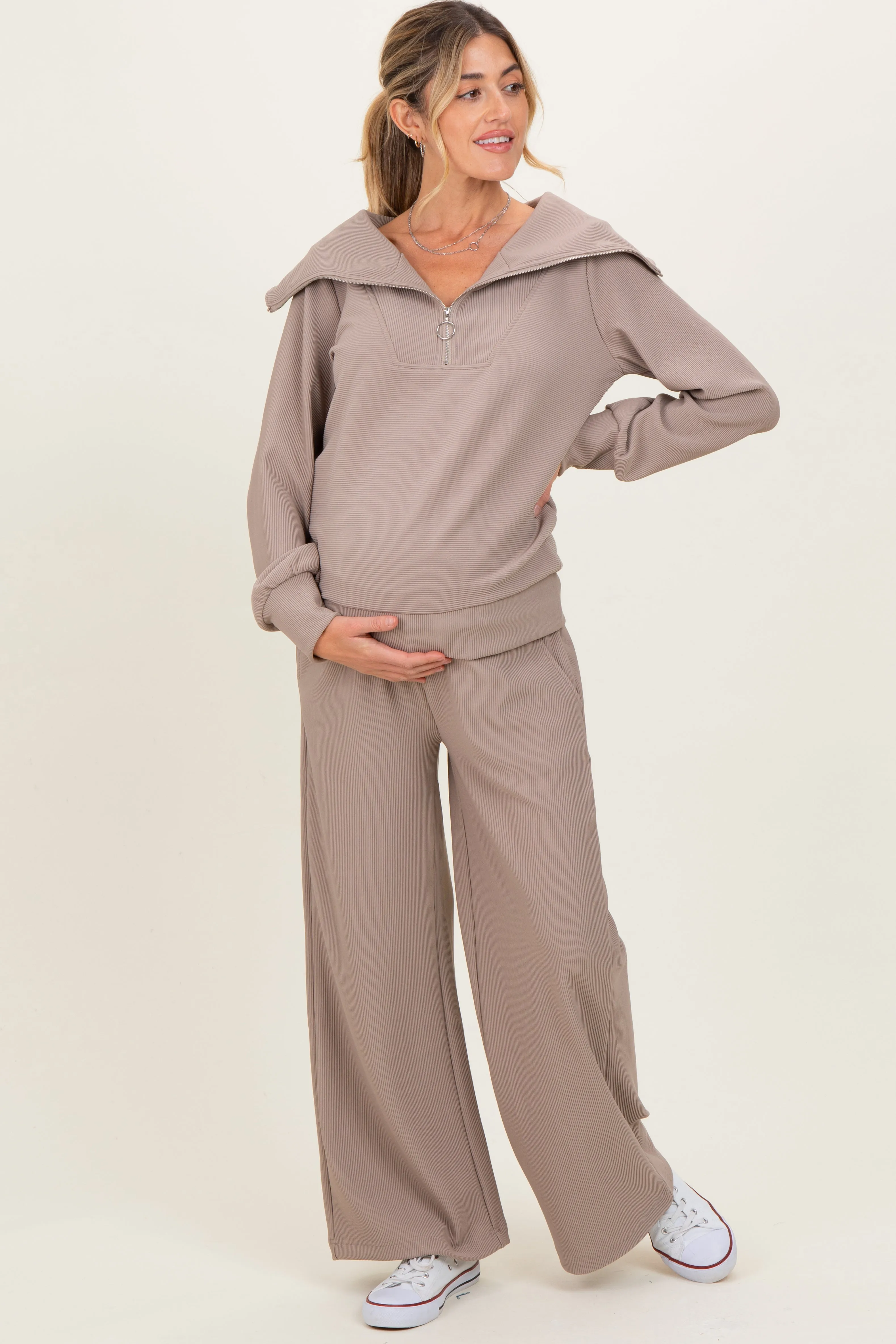 Mocha Ribbed Half Zip Pullover Wide Leg Pant Maternity Set sold by Pinkblush