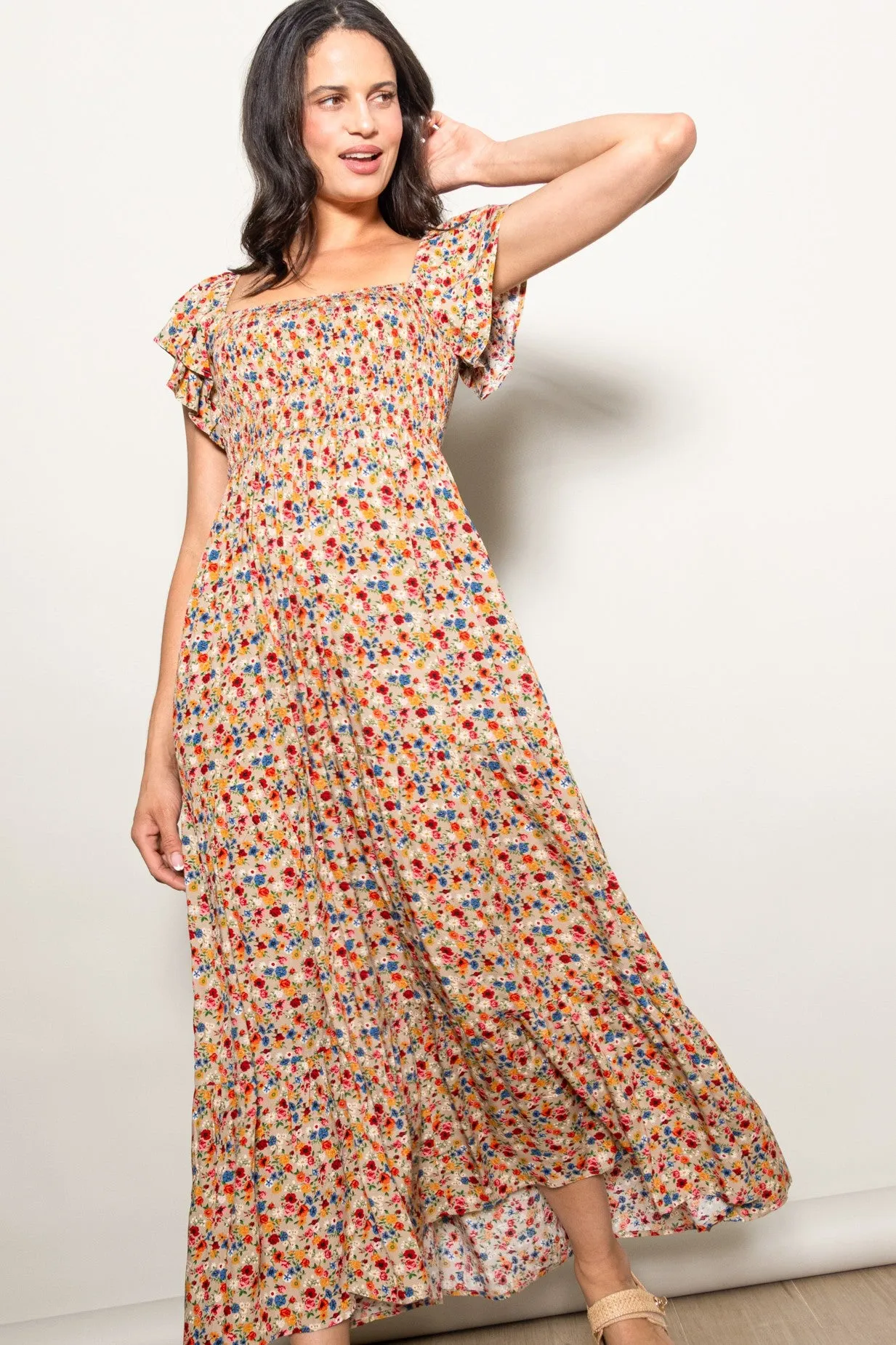 Camel Floral Off Shoulder Smocked Maxi Dress sold by Pinkblush product image thumbnail 5
