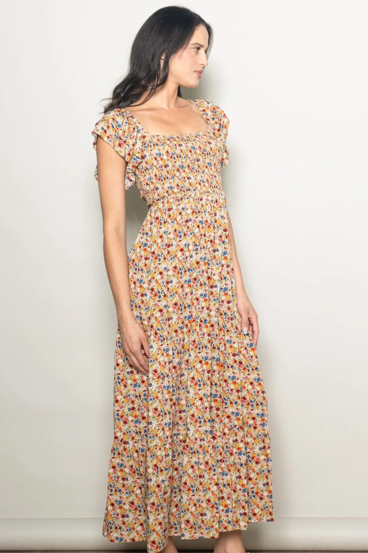 Camel Floral Off Shoulder Smocked Maxi Dress sold by Pinkblush product image thumbnail 2