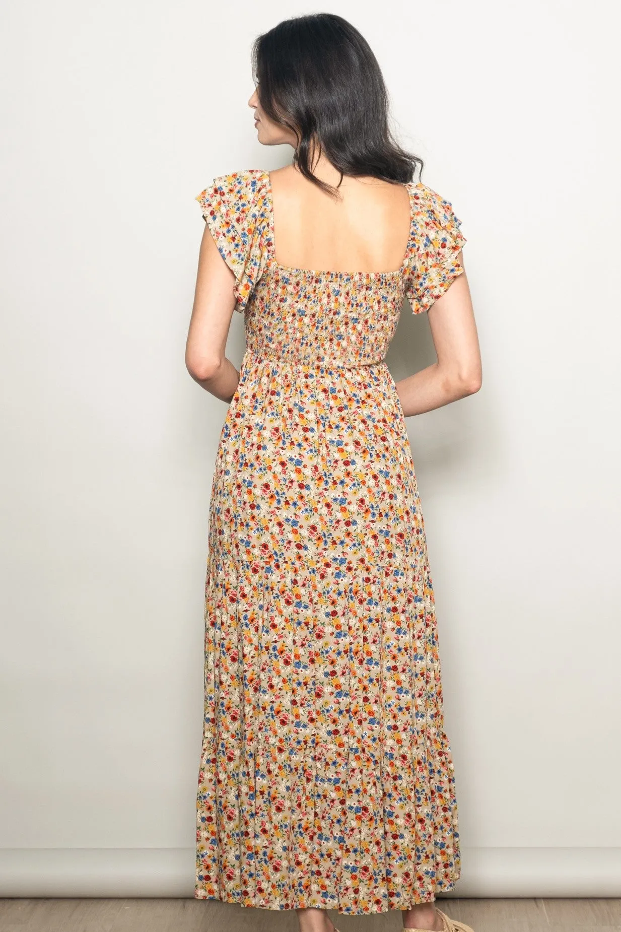 Camel Floral Off Shoulder Smocked Maxi Dress sold by Pinkblush product image thumbnail 3