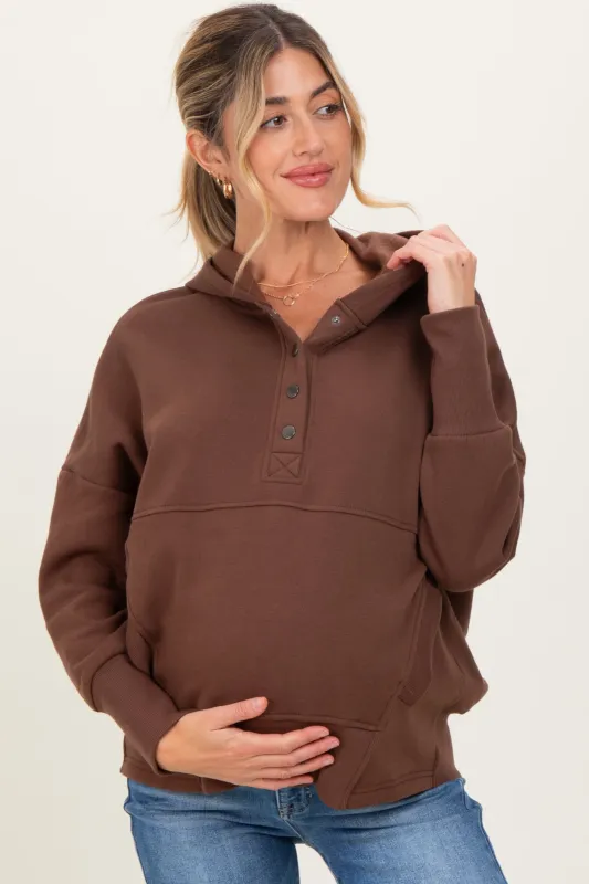 Brown Fleece Snap Button Maternity Hoodie sold by Pinkblush