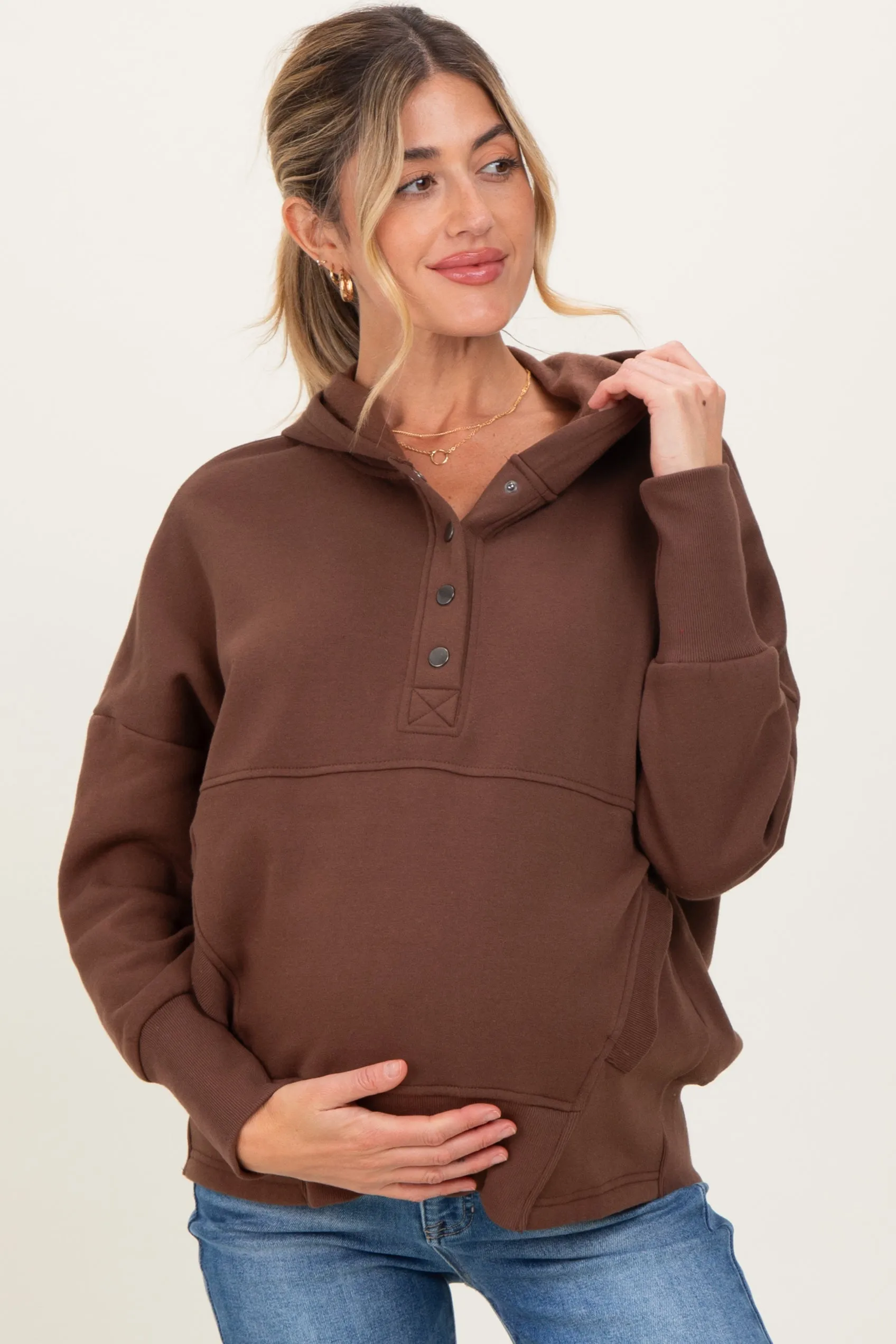 Brown Fleece Snap Button Maternity Hoodie sold by Pinkblush
