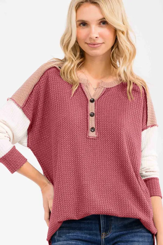 Burgundy Colorblock Relaxed Waffle Knit Henley sold by Pinkblush