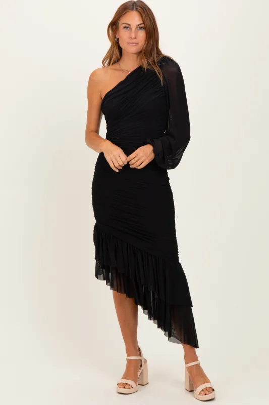 Black Mesh Ruched One Shoulder Asymmetric Dress sold by Pinkblush