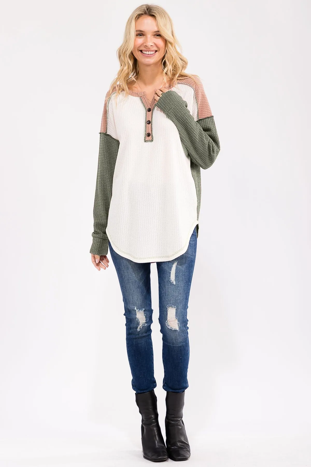 Olive Waffle Knit Colorblock Top sold by Pinkblush product image thumbnail 5