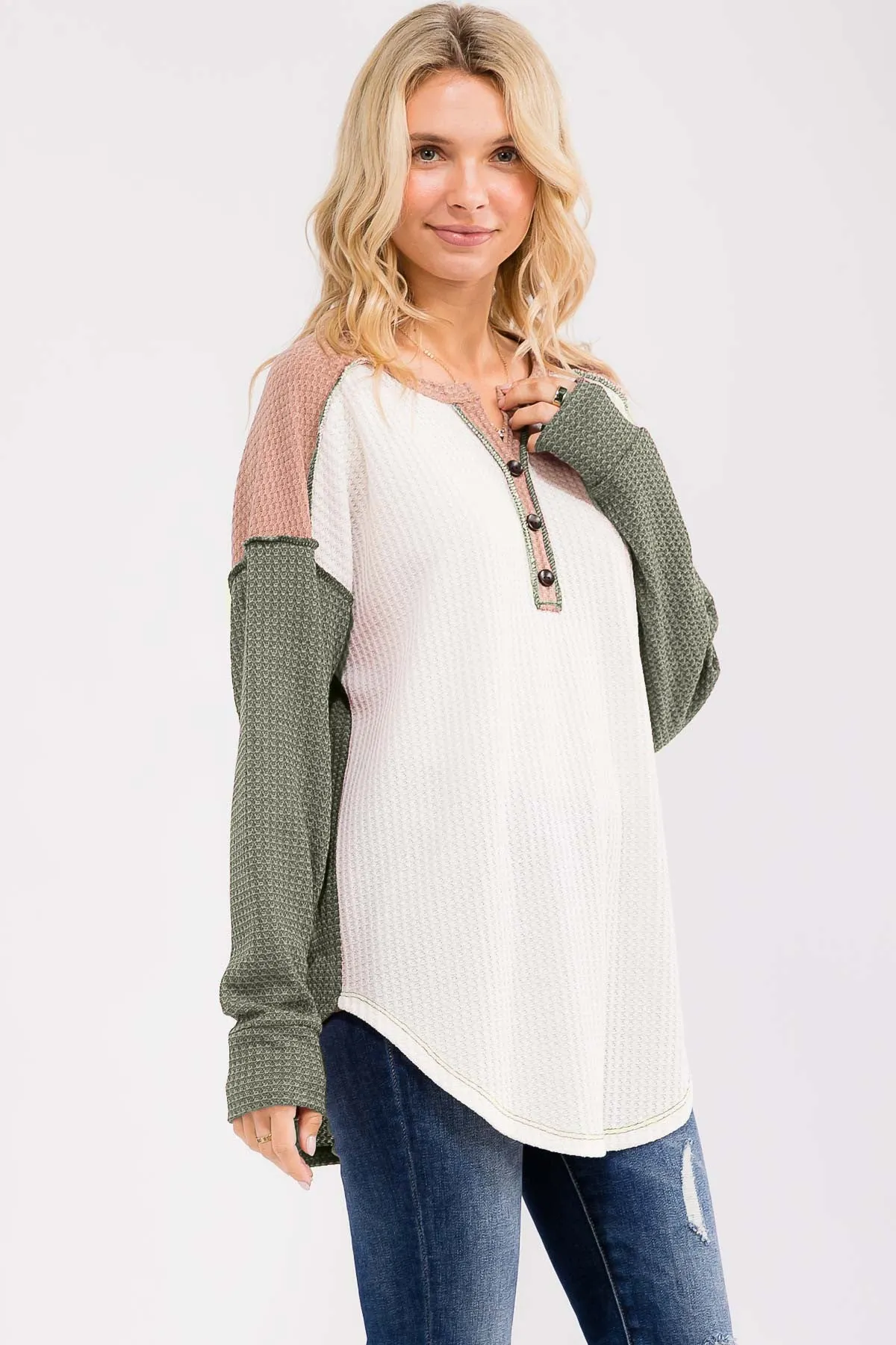 Olive Waffle Knit Colorblock Top sold by Pinkblush product image thumbnail 2