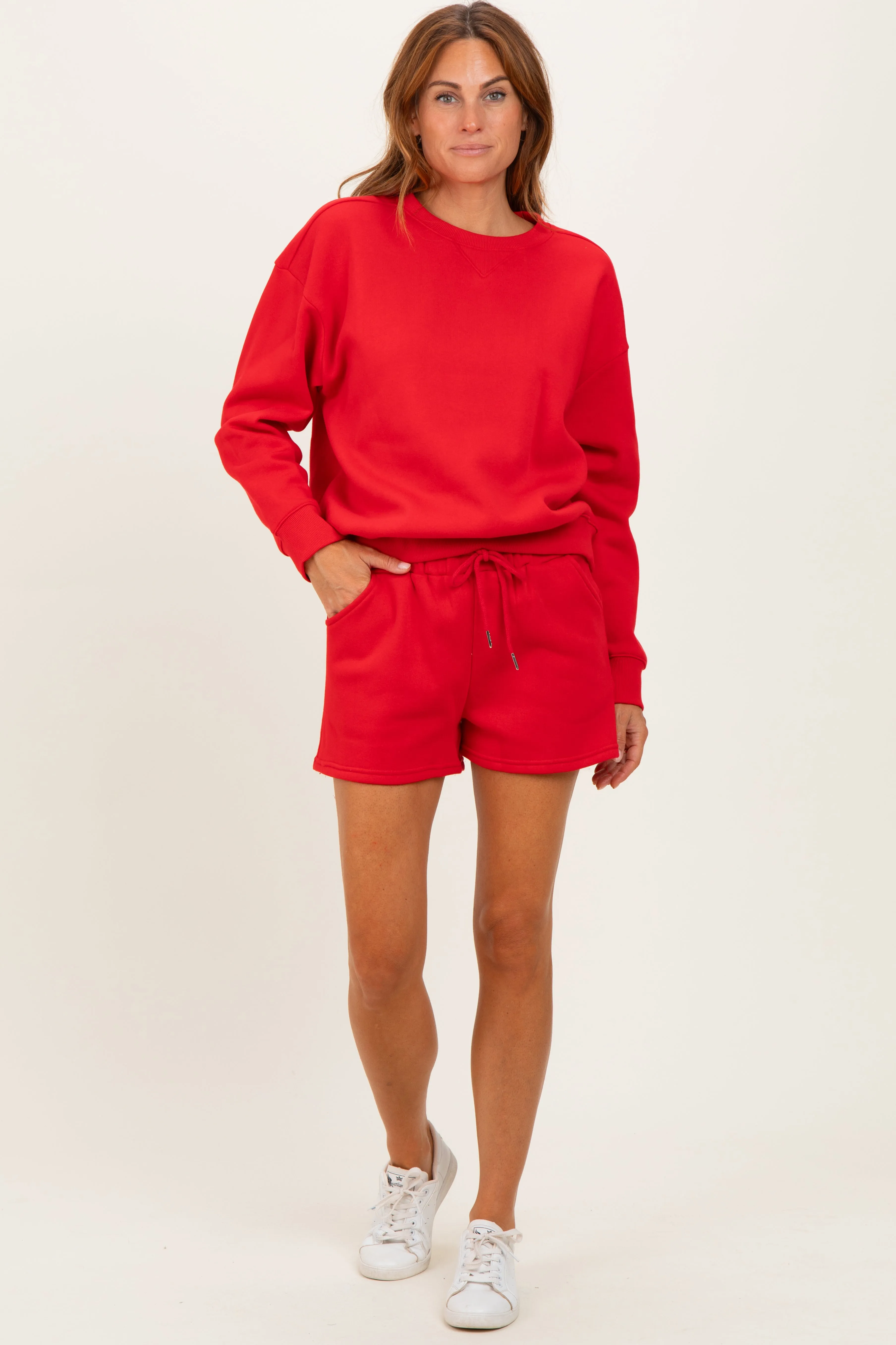 Red Fleece Sweatshirt Shorts Set sold by Pinkblush product image thumbnail 2