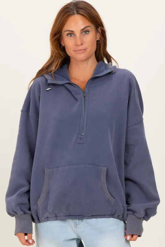 Navy Fleece Half Zip Drop Shoulder Hoodie sold by Pinkblush