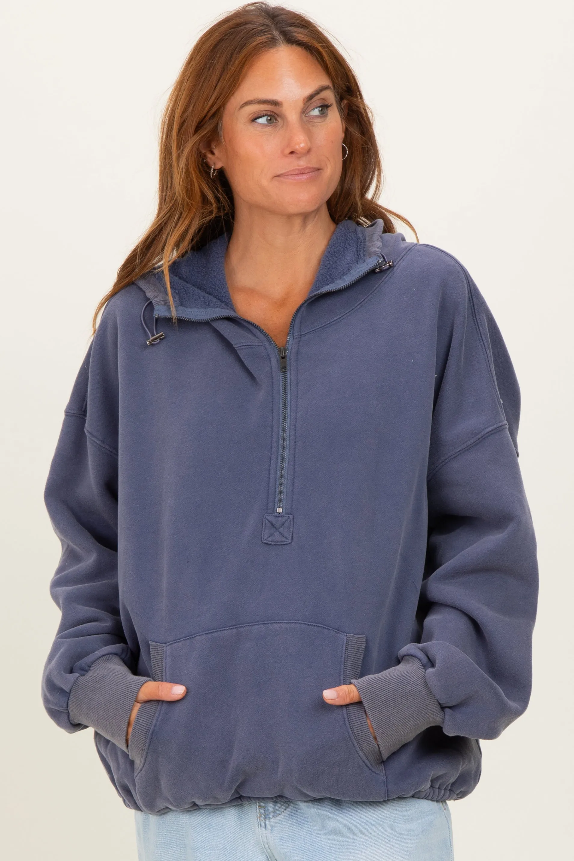Navy Fleece Half Zip Drop Shoulder Hoodie sold by Pinkblush product image thumbnail 2