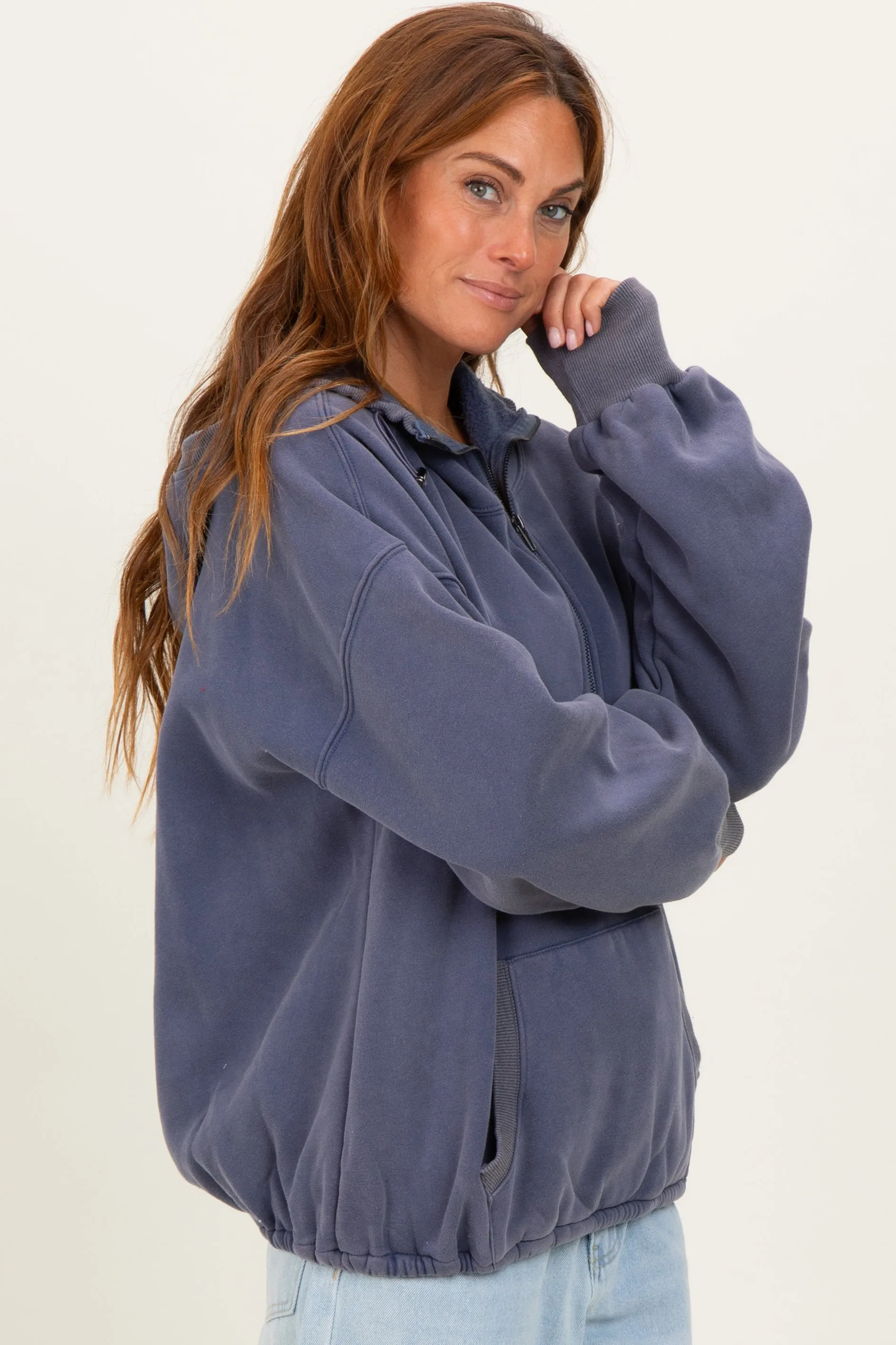 Navy Fleece Half Zip Drop Shoulder Hoodie sold by Pinkblush product image thumbnail 3