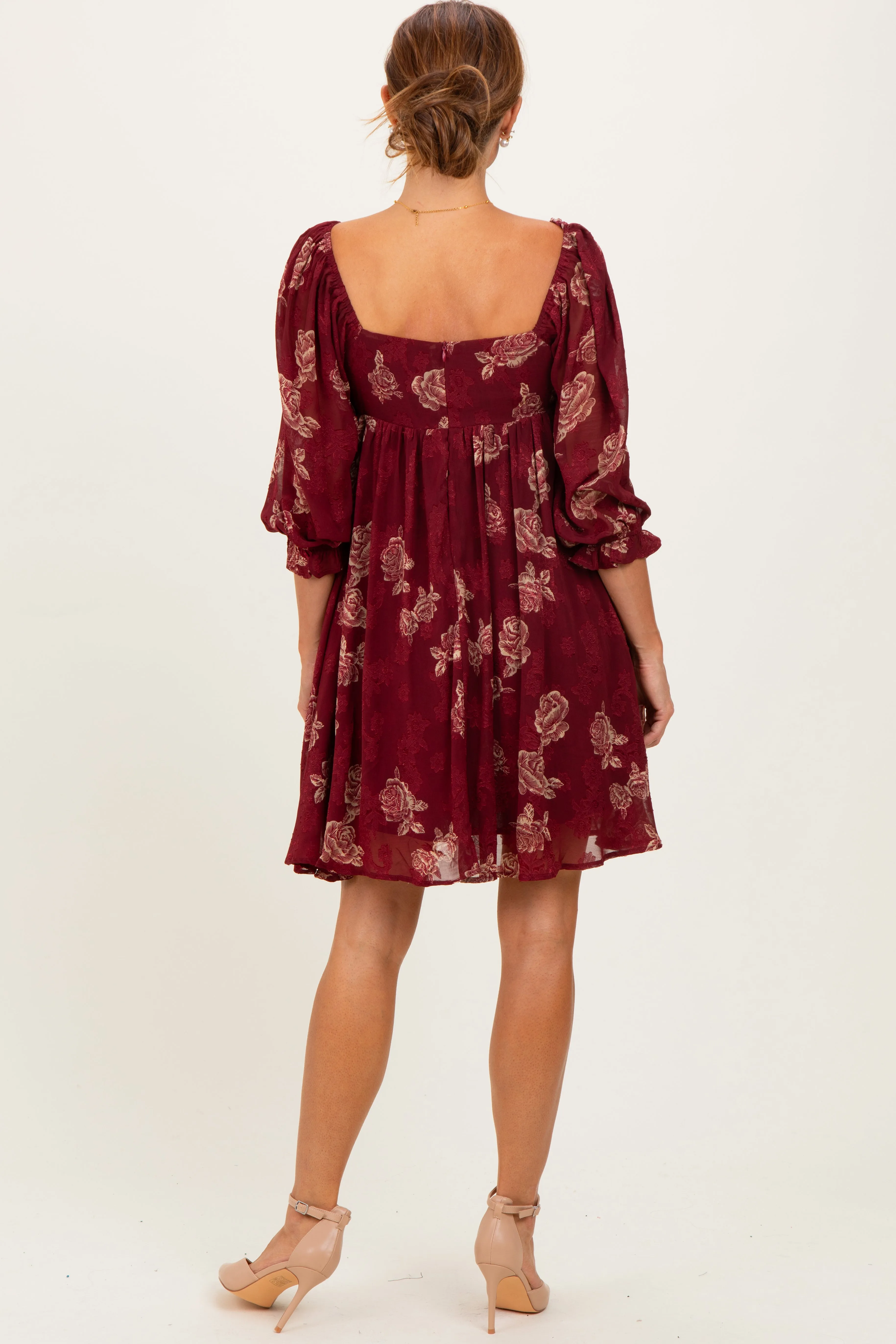 Burgundy Floral Jacquard 3/4 Sleeve Dress sold by Pinkblush product image thumbnail 4