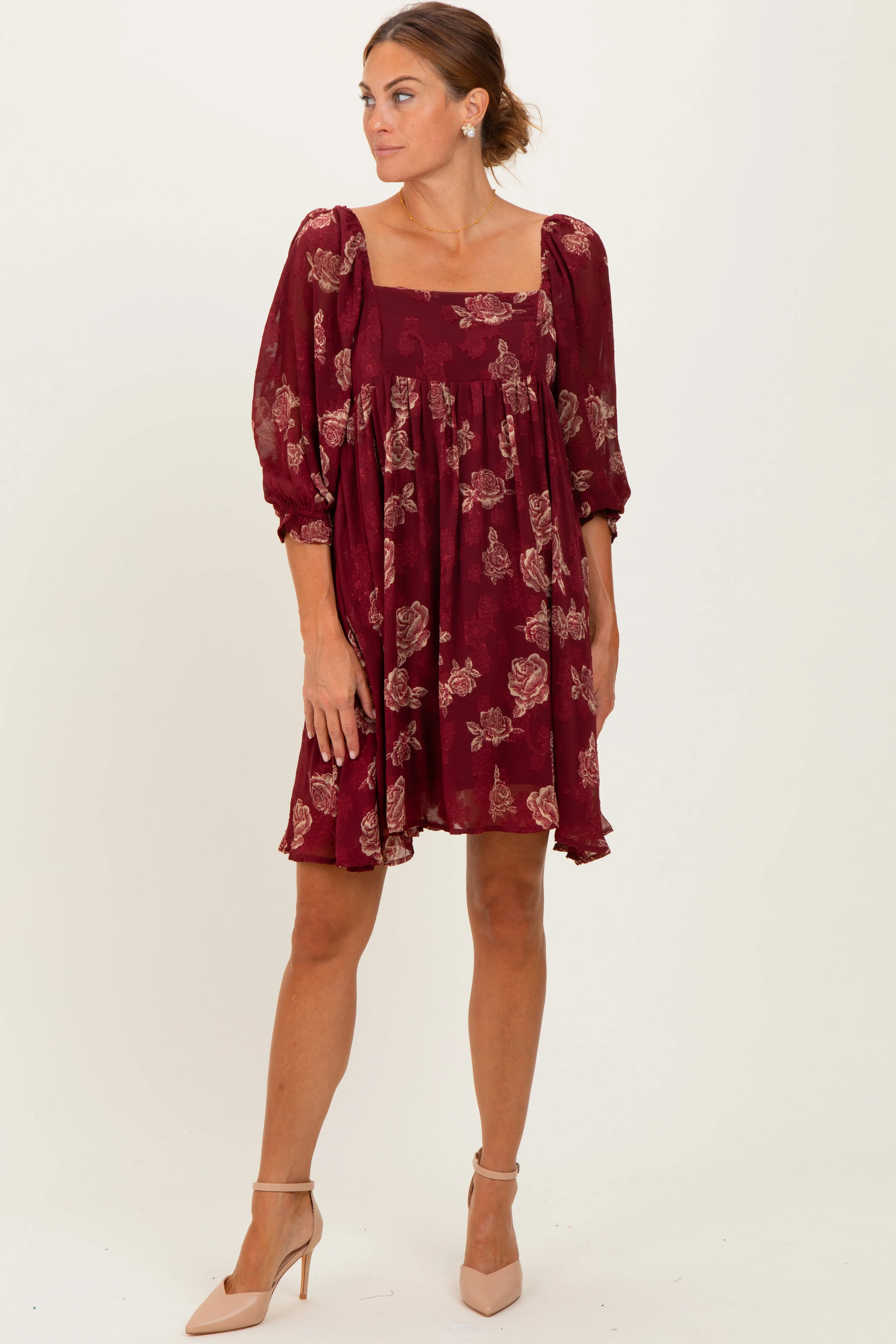 Burgundy Floral Jacquard 3/4 Sleeve Dress sold by Pinkblush product image thumbnail 2