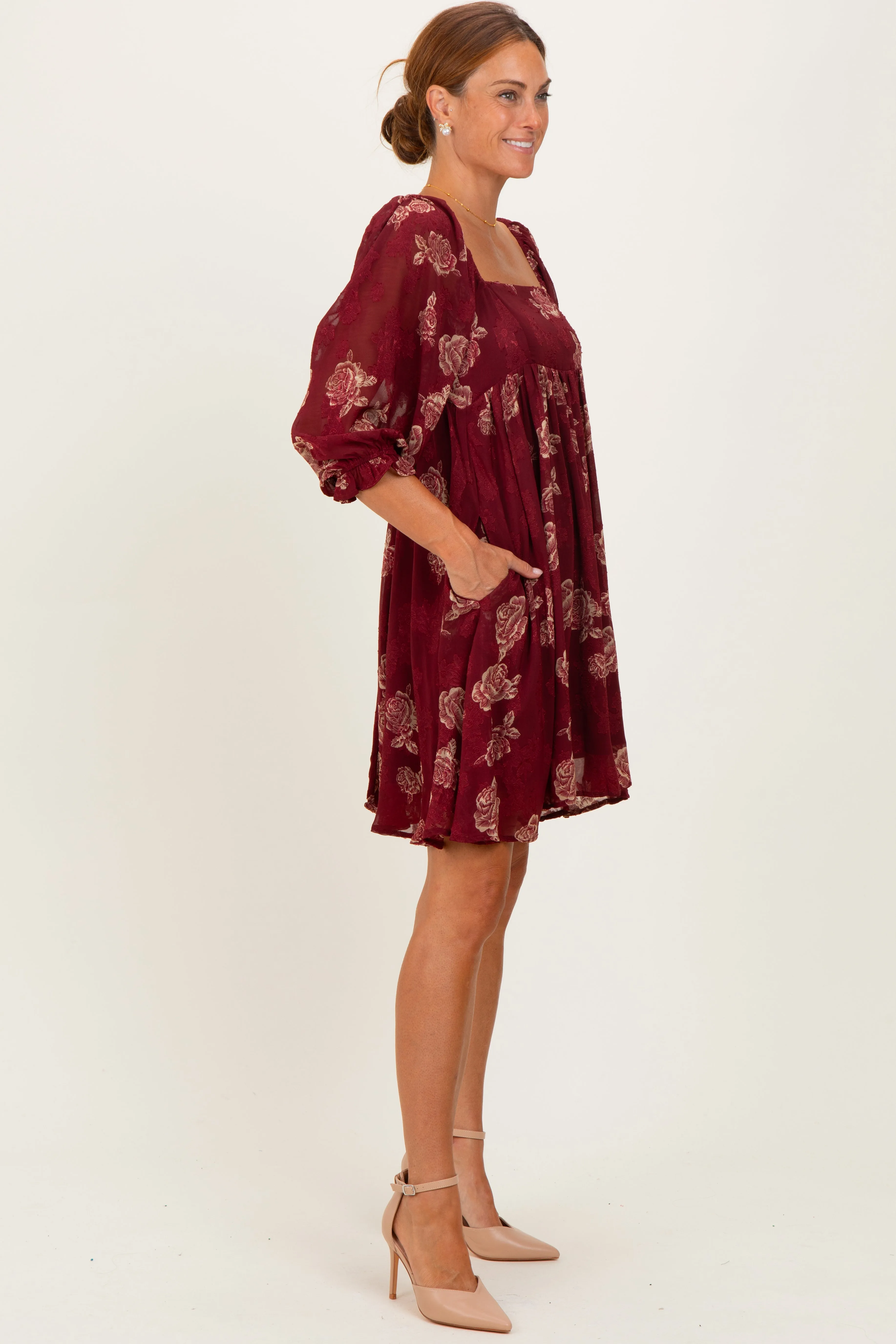 Burgundy Floral Jacquard 3/4 Sleeve Dress sold by Pinkblush product image thumbnail 3