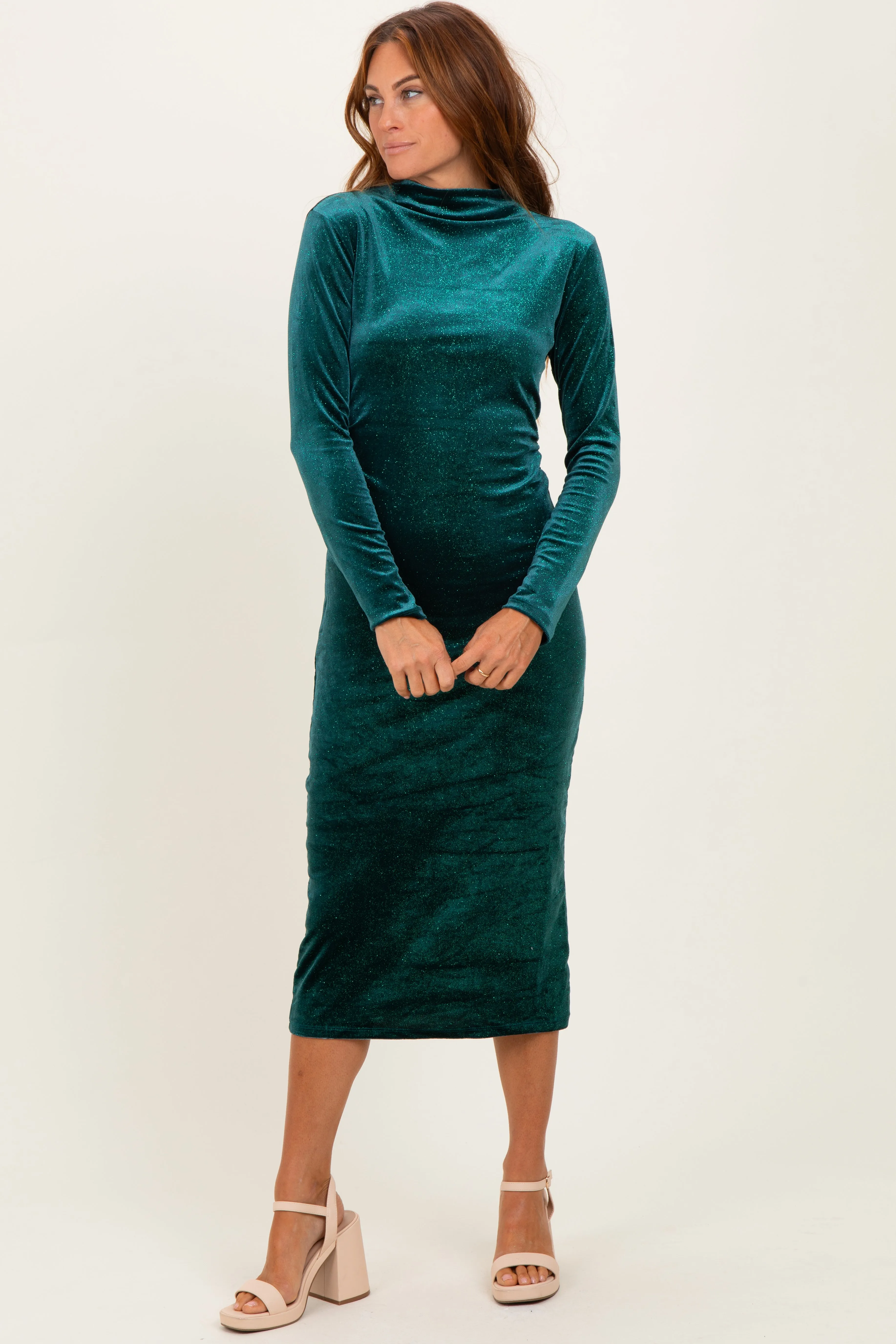 Forest Green Glitter Velvet Ruched Midi Dress sold by Pinkblush product image thumbnail 2