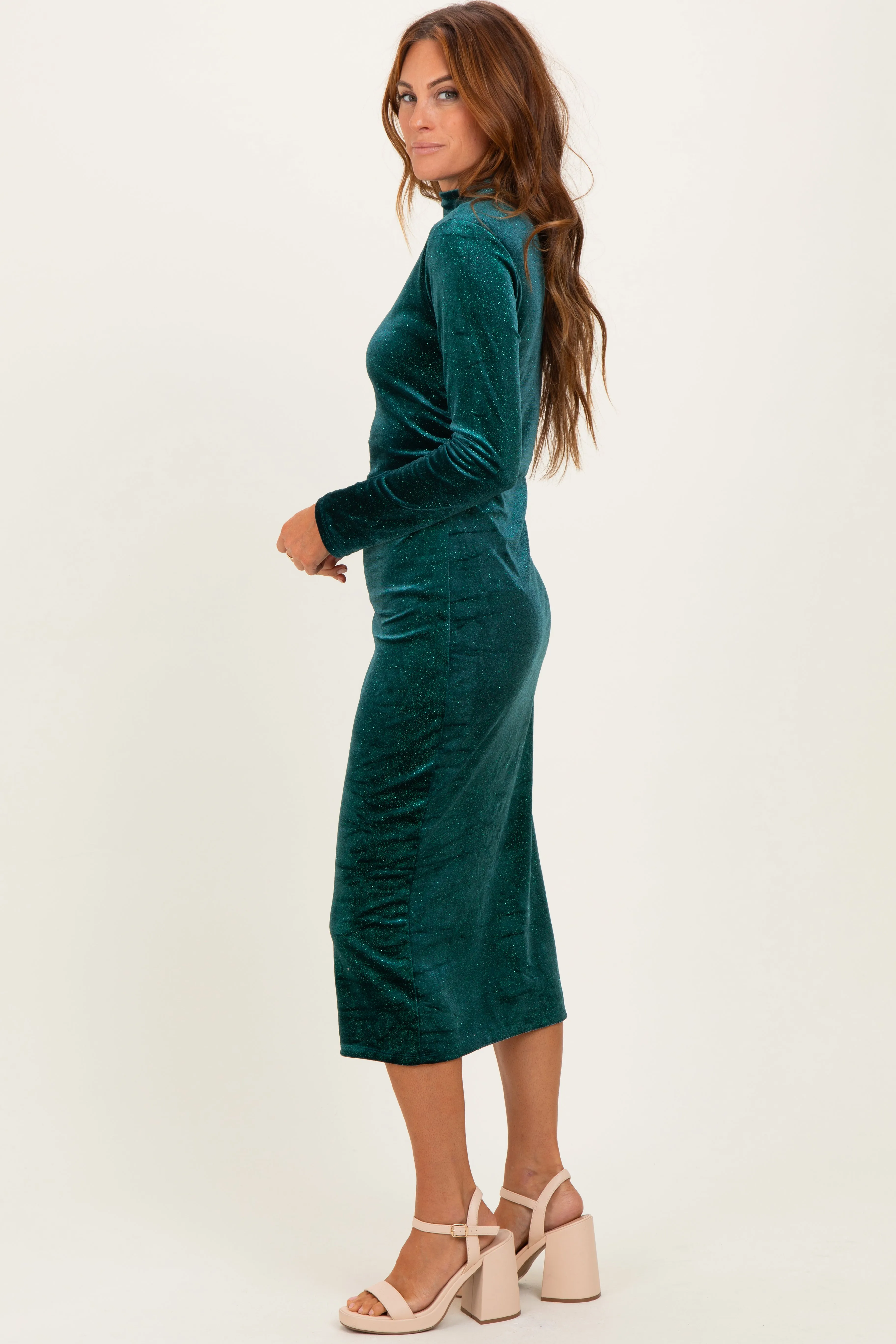Forest Green Glitter Velvet Ruched Midi Dress sold by Pinkblush product image thumbnail 3