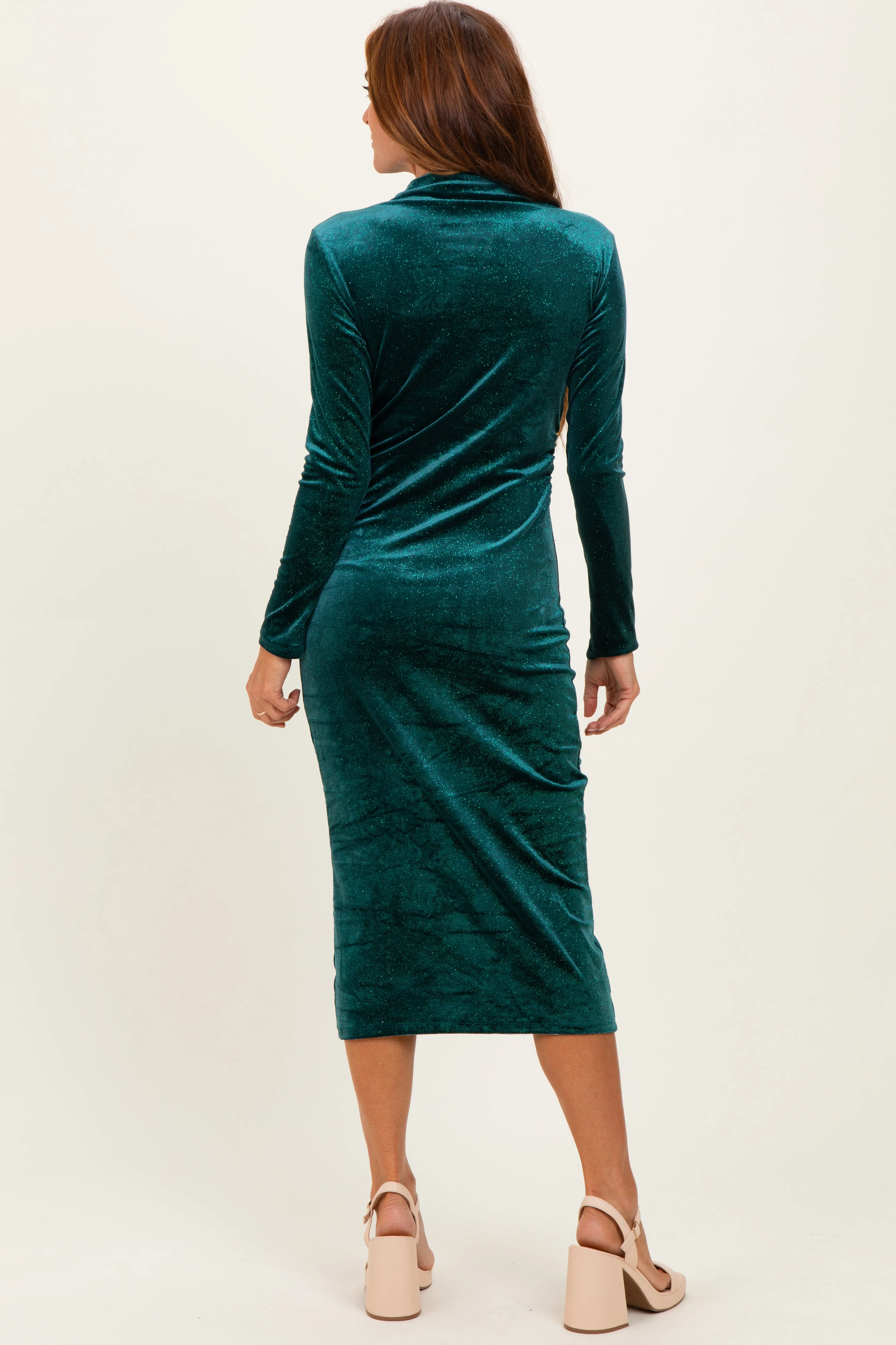 Forest Green Glitter Velvet Ruched Midi Dress sold by Pinkblush product image thumbnail 4