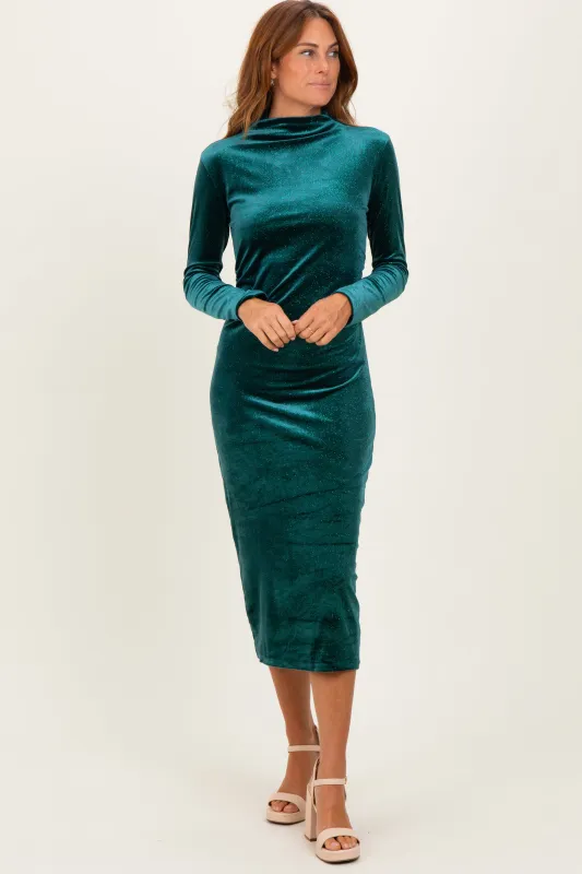 Forest Green Glitter Velvet Ruched Midi Dress sold by Pinkblush