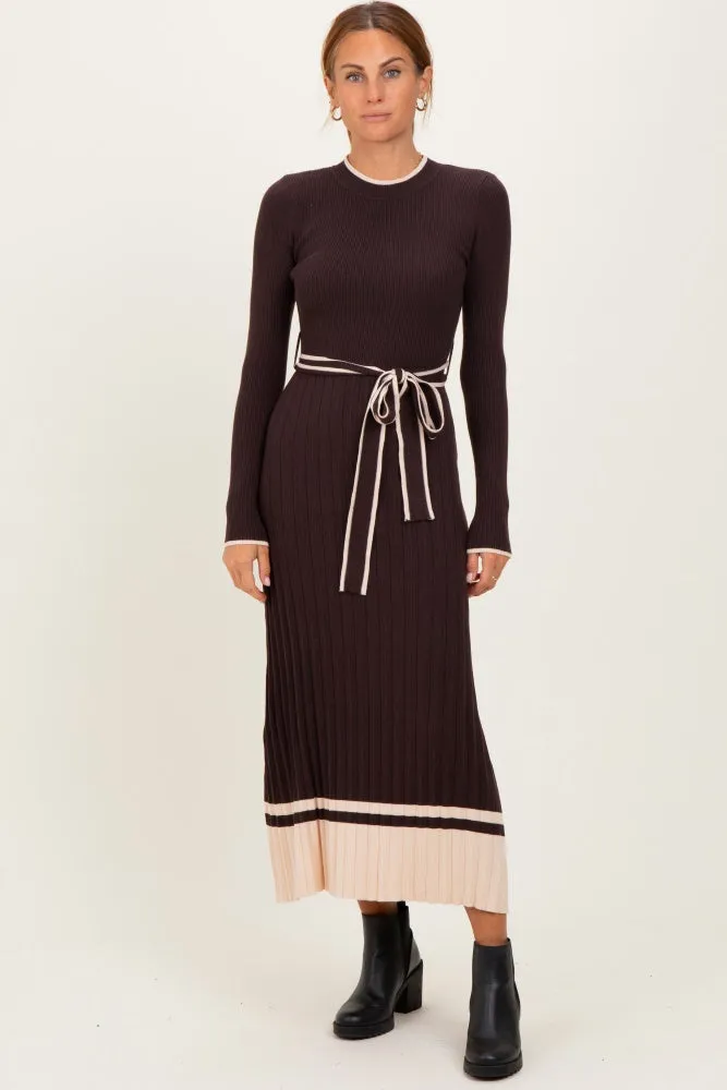 Brown Ribbed Midi Sweater Dress With Belt sold by Pinkblush