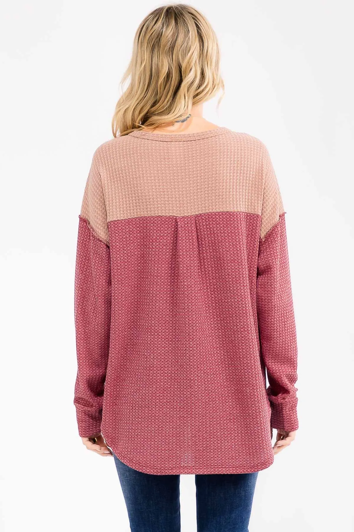 Burgundy Waffle Knit Colorblock Top sold by Pinkblush product image thumbnail 4