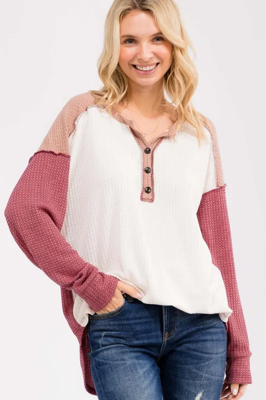 Burgundy Waffle Knit Colorblock Top sold by Pinkblush