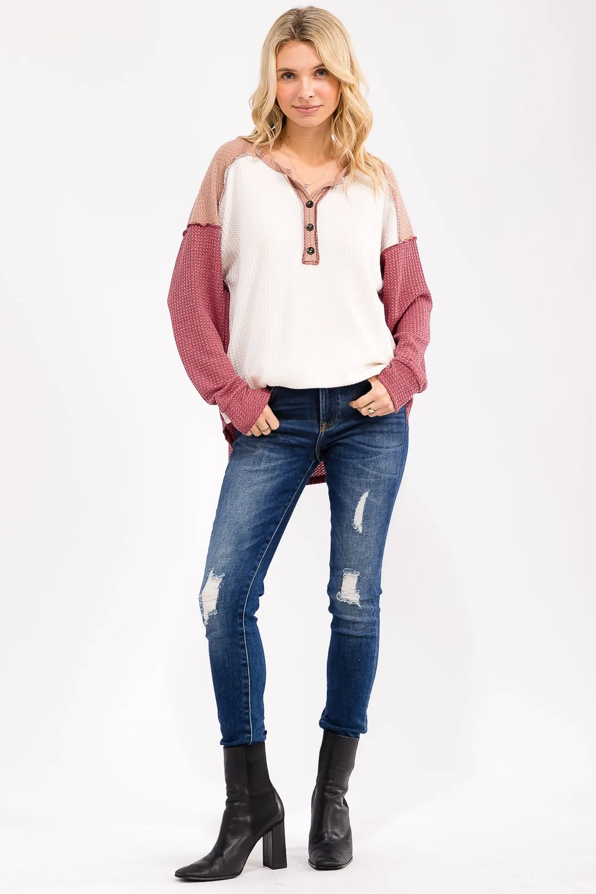 Burgundy Waffle Knit Colorblock Top sold by Pinkblush product image thumbnail 5