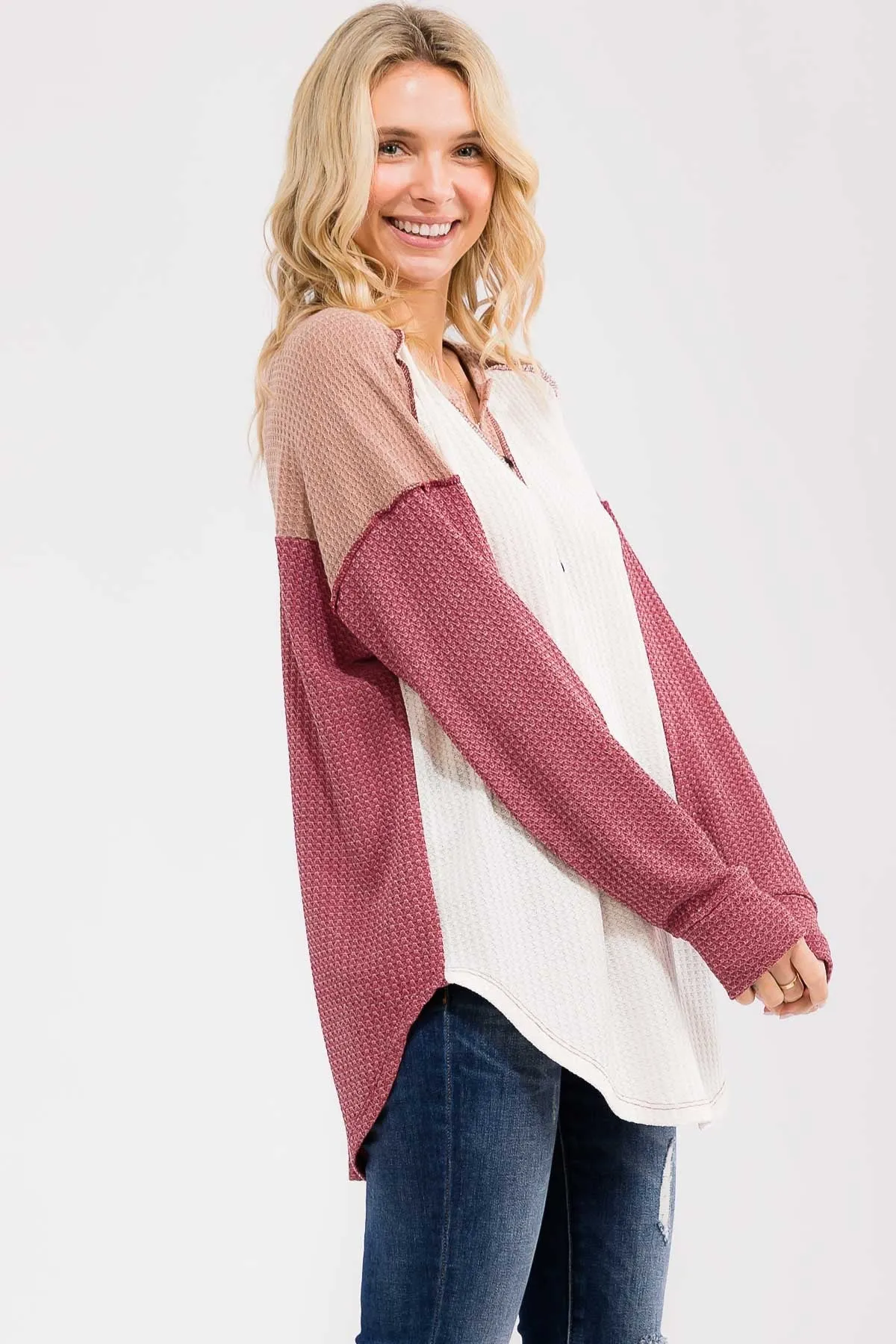 Burgundy Waffle Knit Colorblock Top sold by Pinkblush product image thumbnail 3